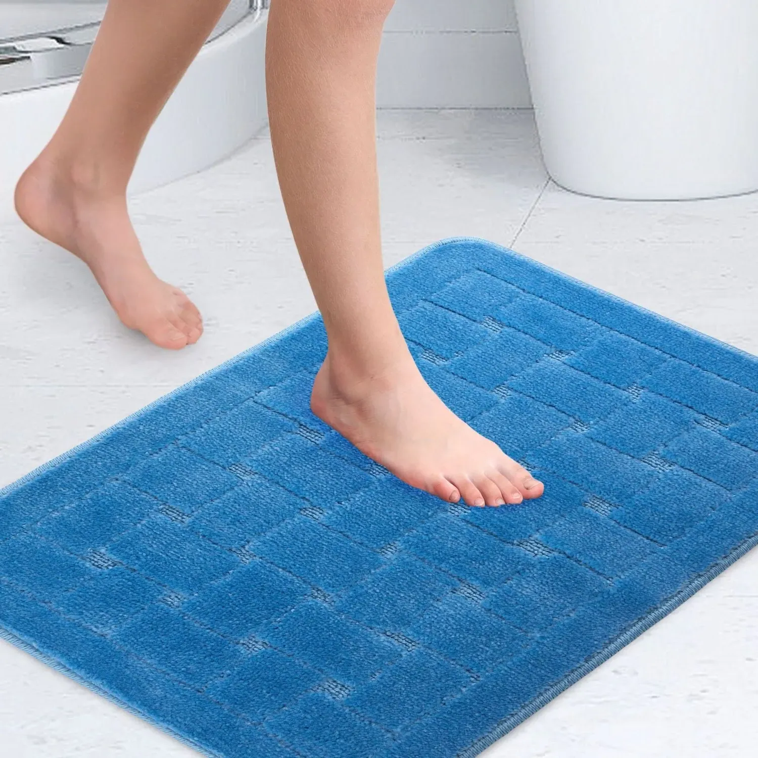 Crosshatch Bath Mat Non-Slip - Blue, Polycotton
