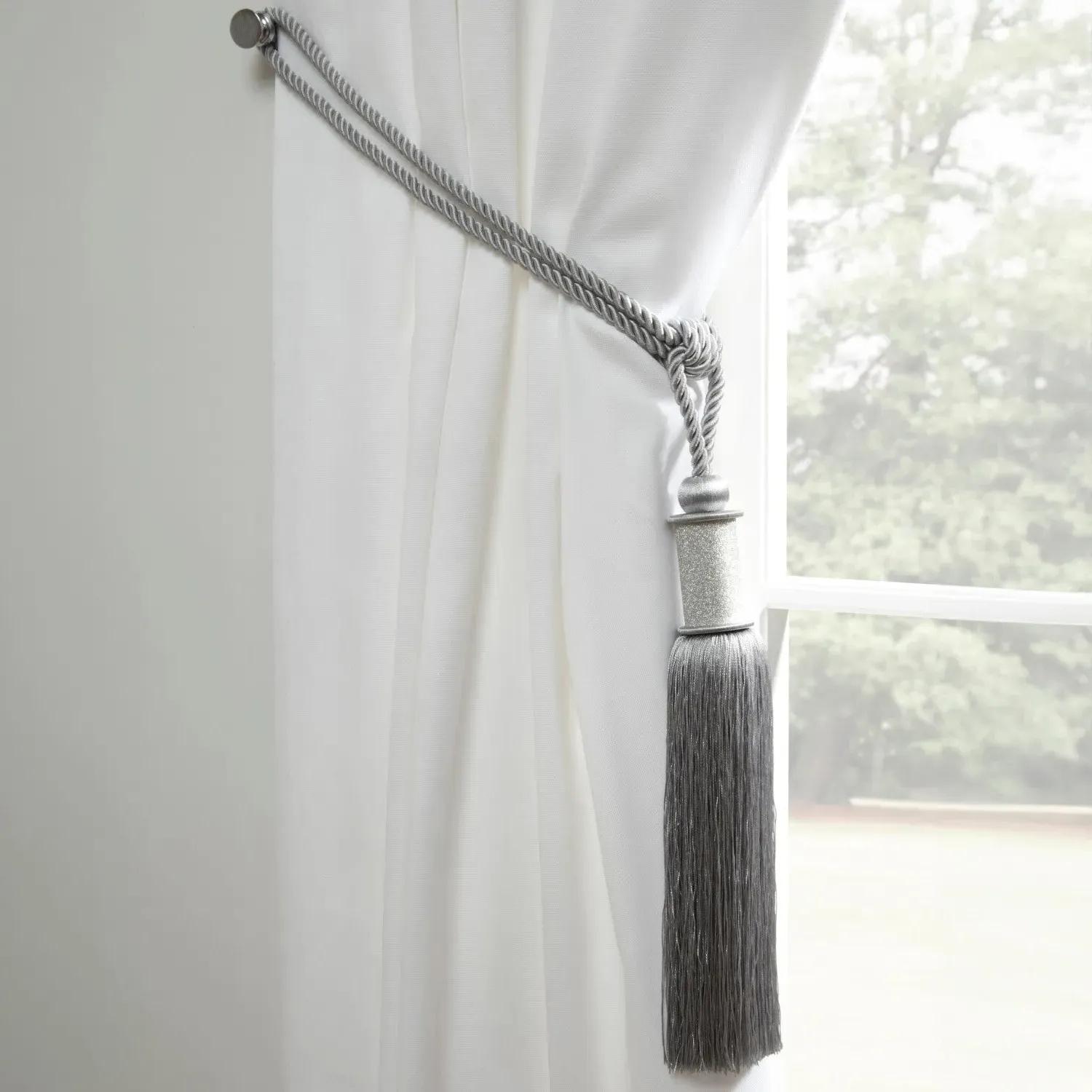 Curtain Tieback Pair with Tassels - Silver