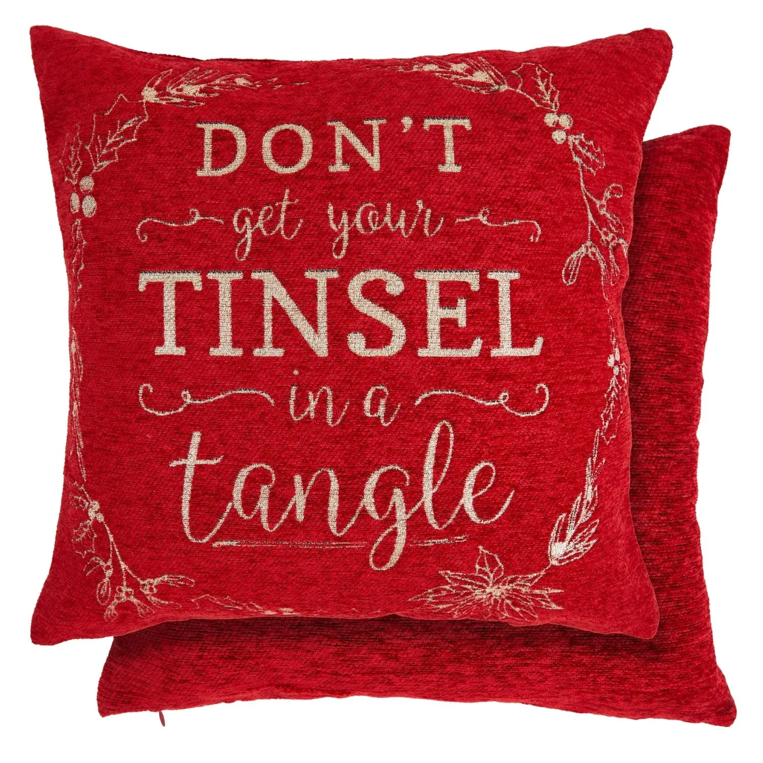 Cushion Cover Pair Christmas Design - Red, Chenille