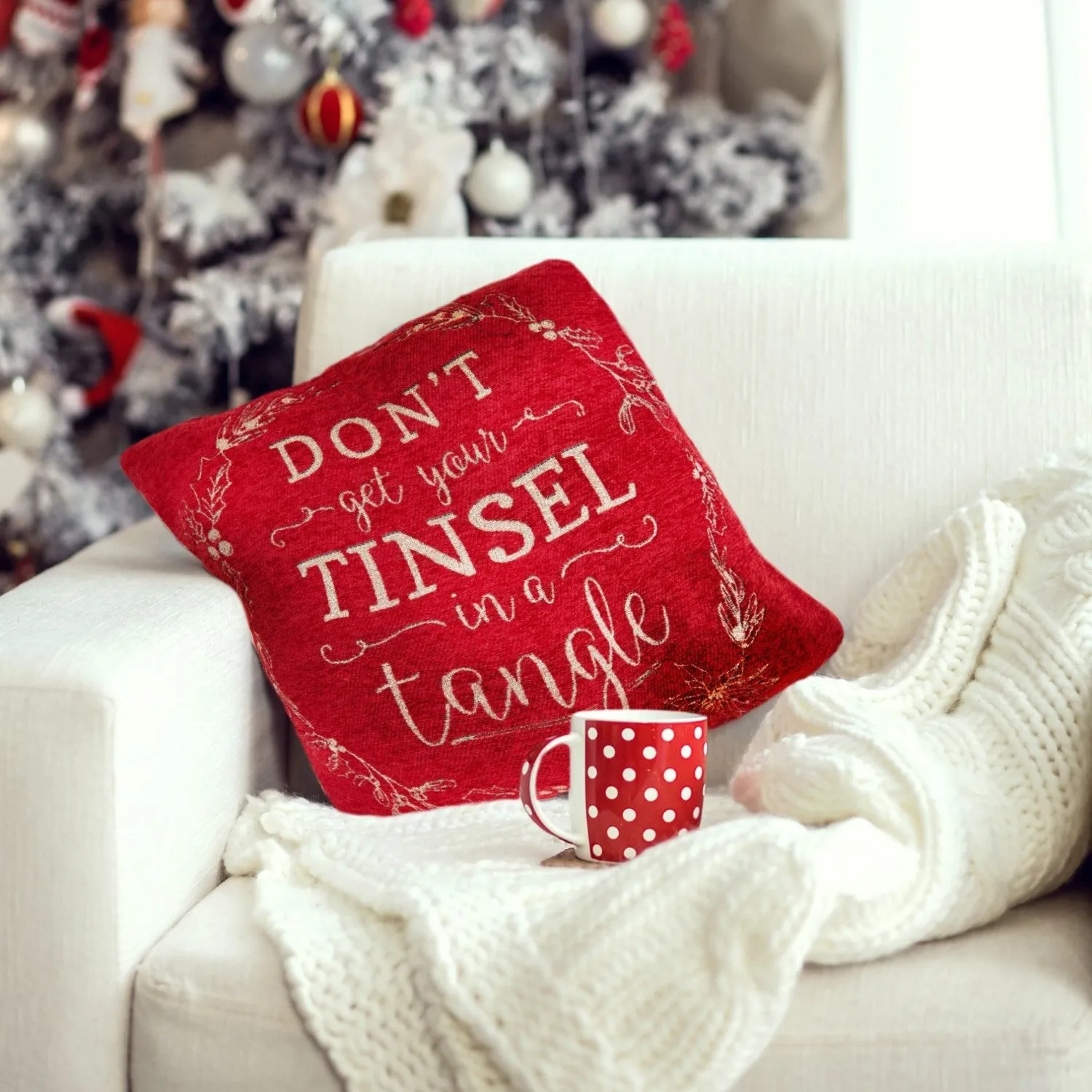 Cushion Cover Pair Christmas Design - Red, Chenille