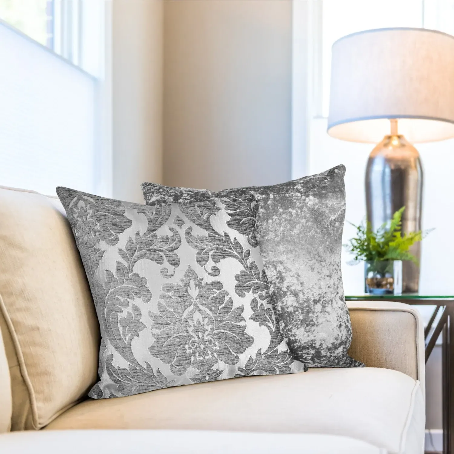 Cushion Cover Pair with Damask - Grey, Chenille