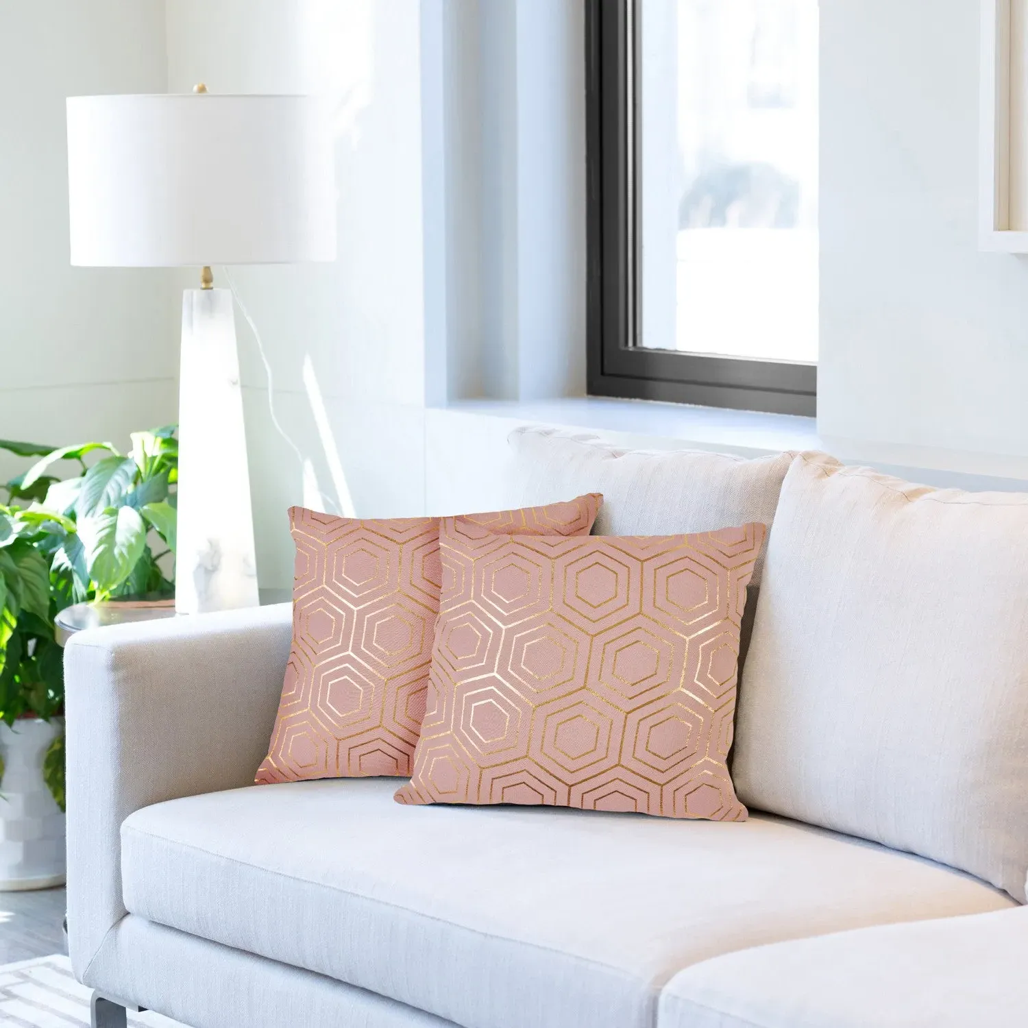 Cushion Cover Pair with Geometric Design - Pink, Velvet