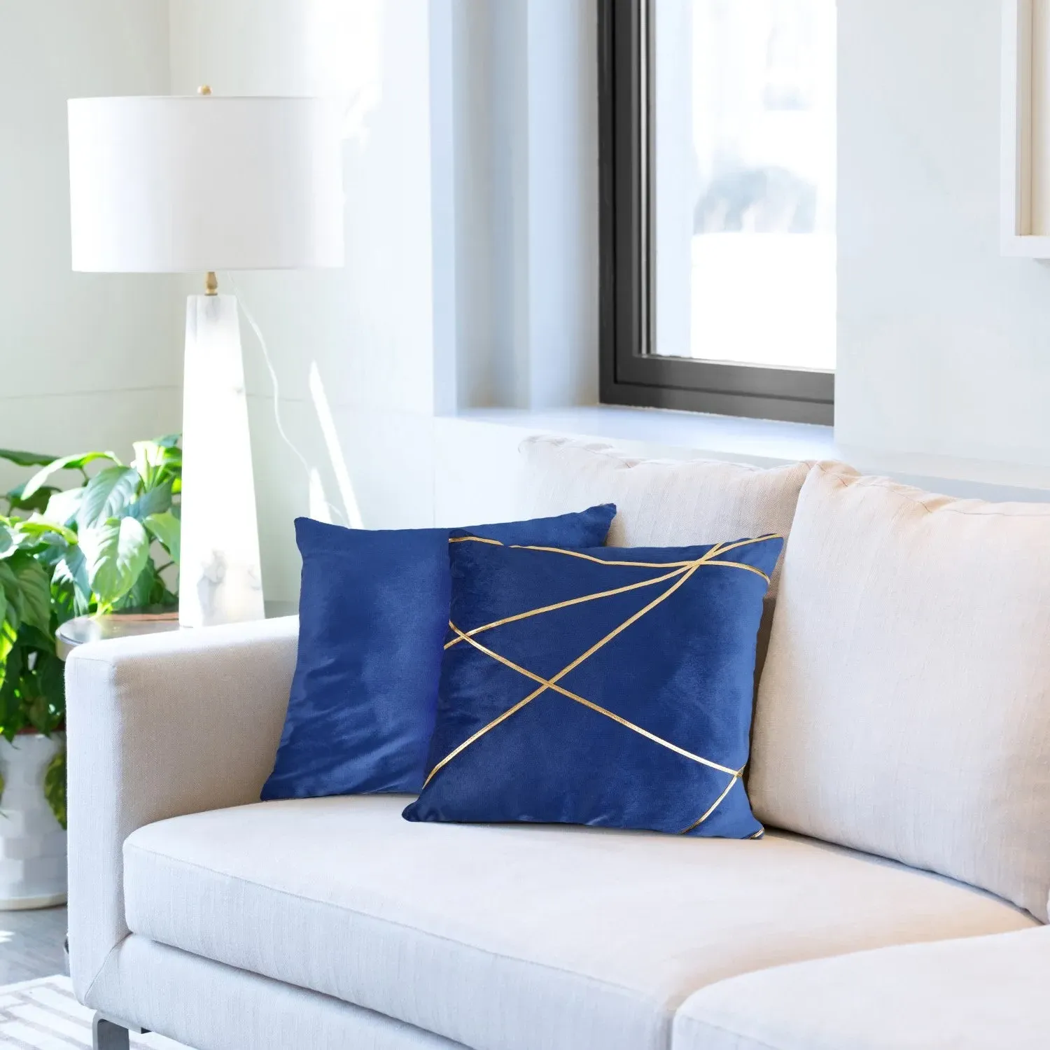 Cushion Cover Pair with Gold Design - Blue, Velvet image