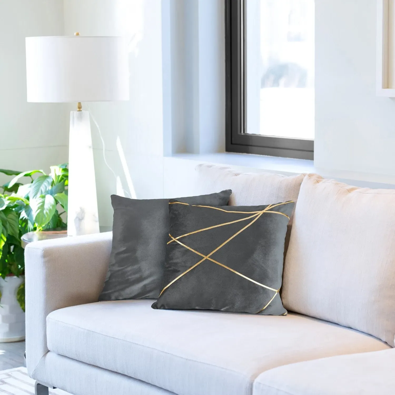 Cushion Cover Pair with Gold Design - Grey, Velvet