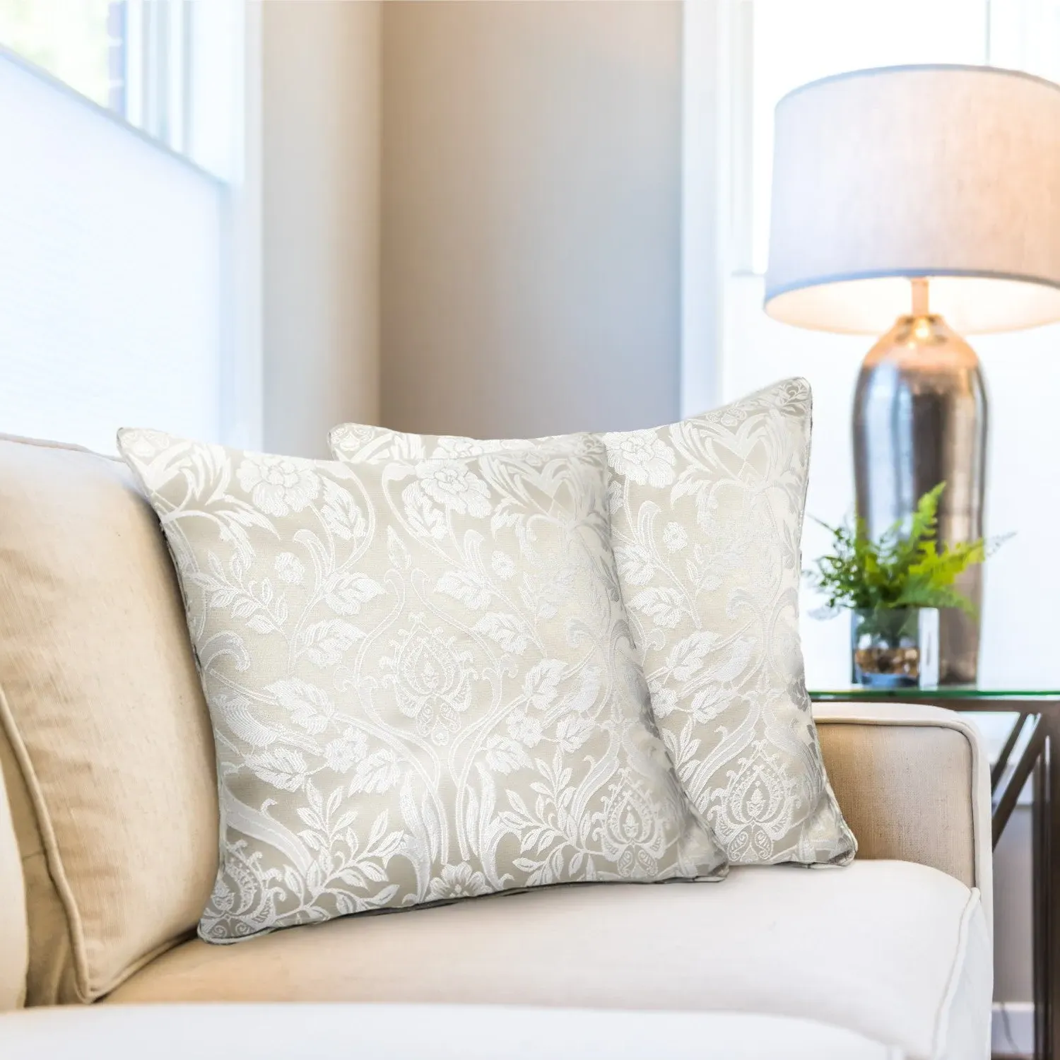 Cushion Cover Pair with Piped Edge - Cream, Jacquard image
