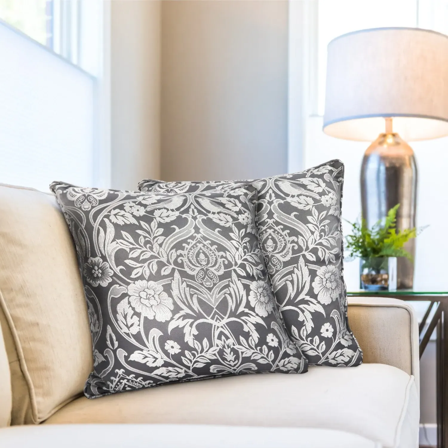 Cushion Cover Pair with Piped Edge - Grey, Jacquard image