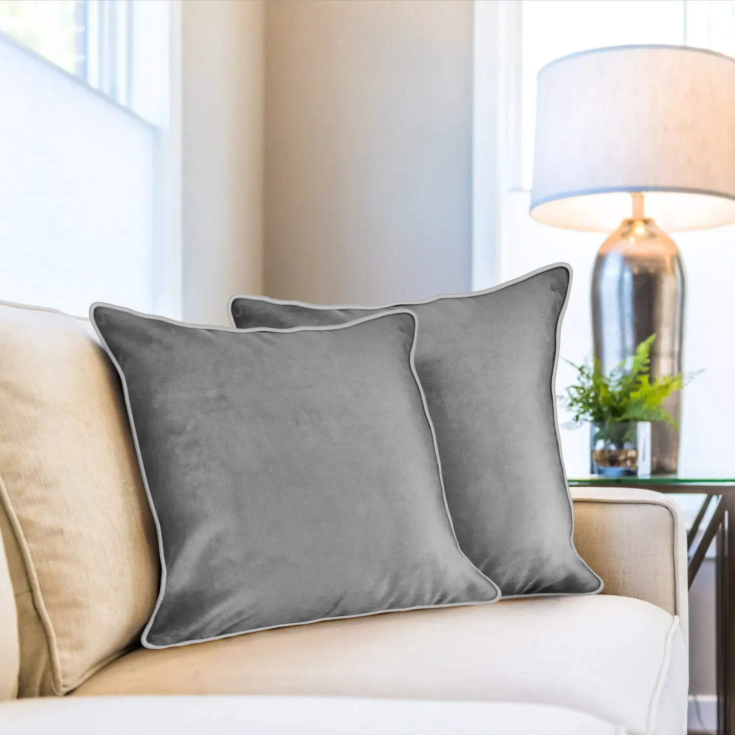 Cushion Cover Pair with Piping - Grey, Velvet image
