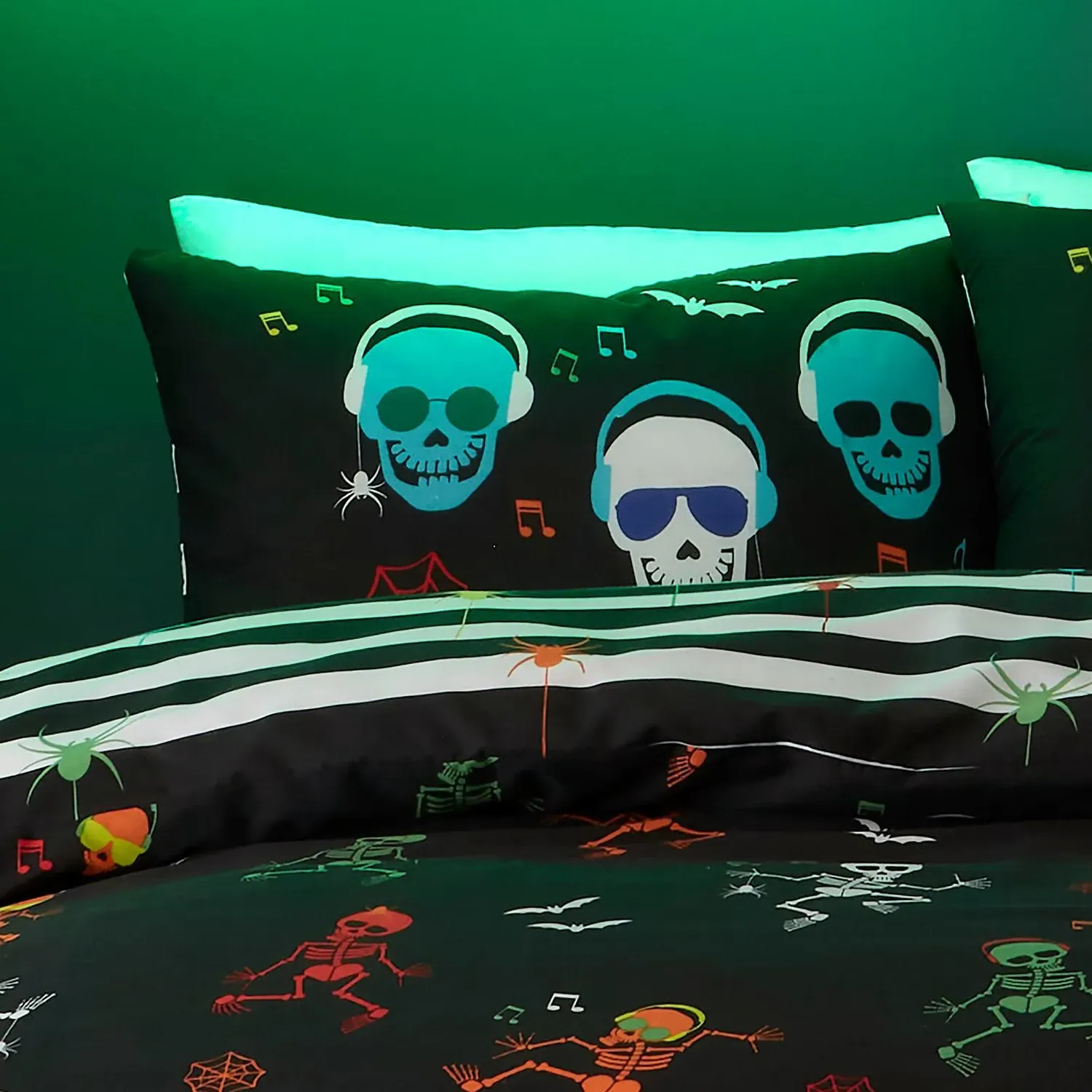 Dancing Skeletons Glow in the Dark Double Duvet Cover Set - Black by Julian Charles, alternate view