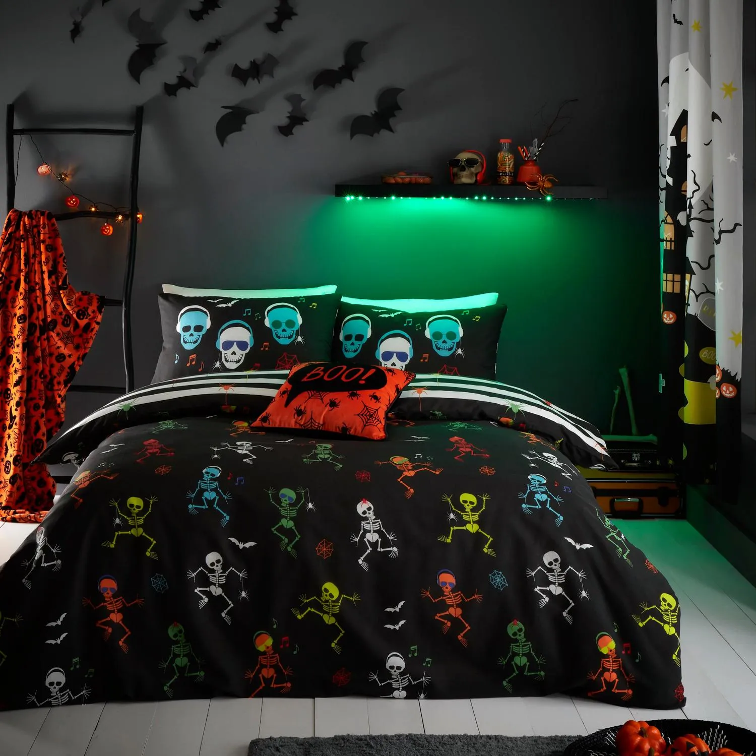 Dancing Skeletons Glow in the Dark Double Duvet Cover Set - Black by Julian Charles