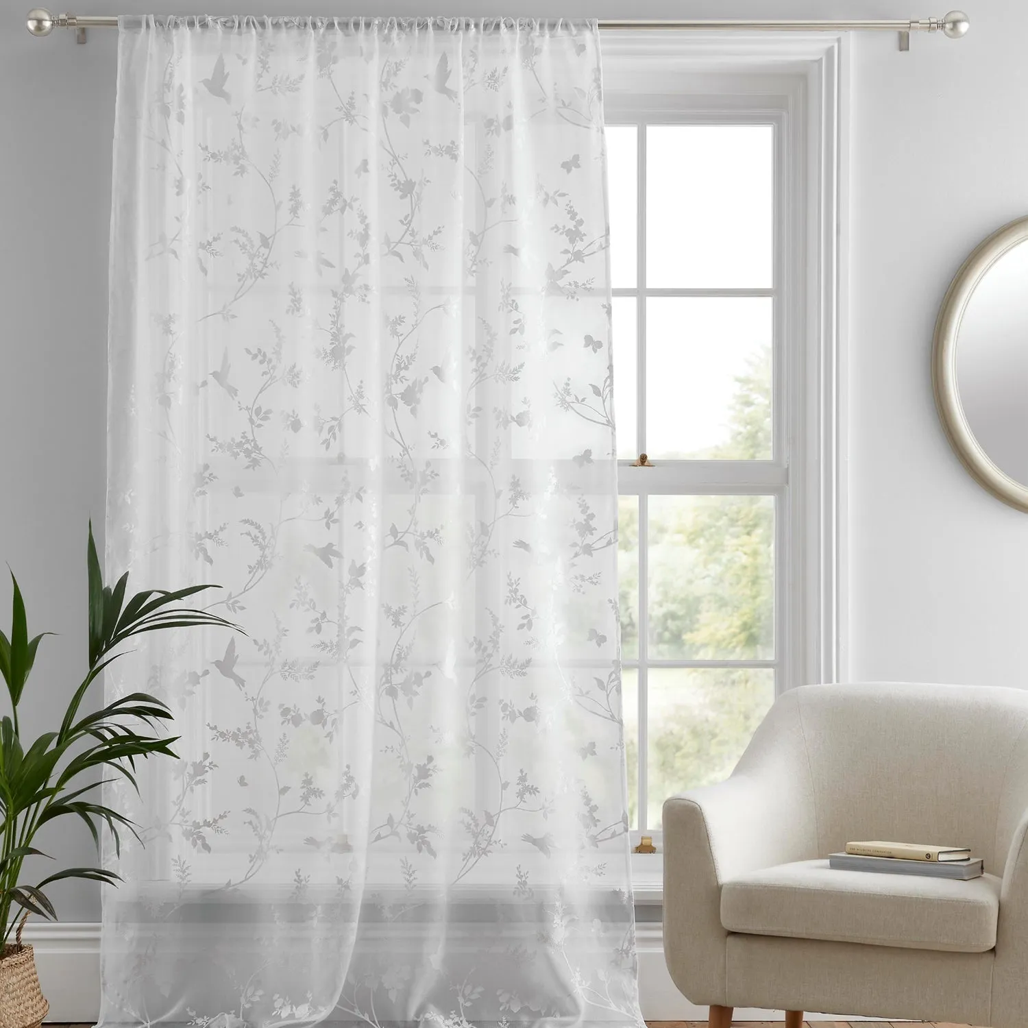 Single Voile Panel with Bird Print - White product
