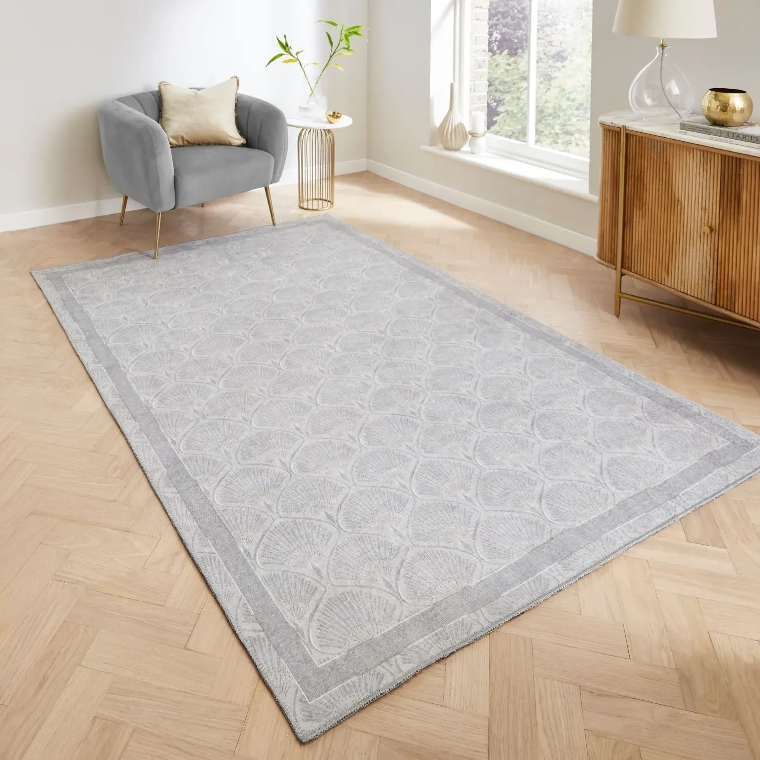 Deco Peacock Rug - Silver, Polyester