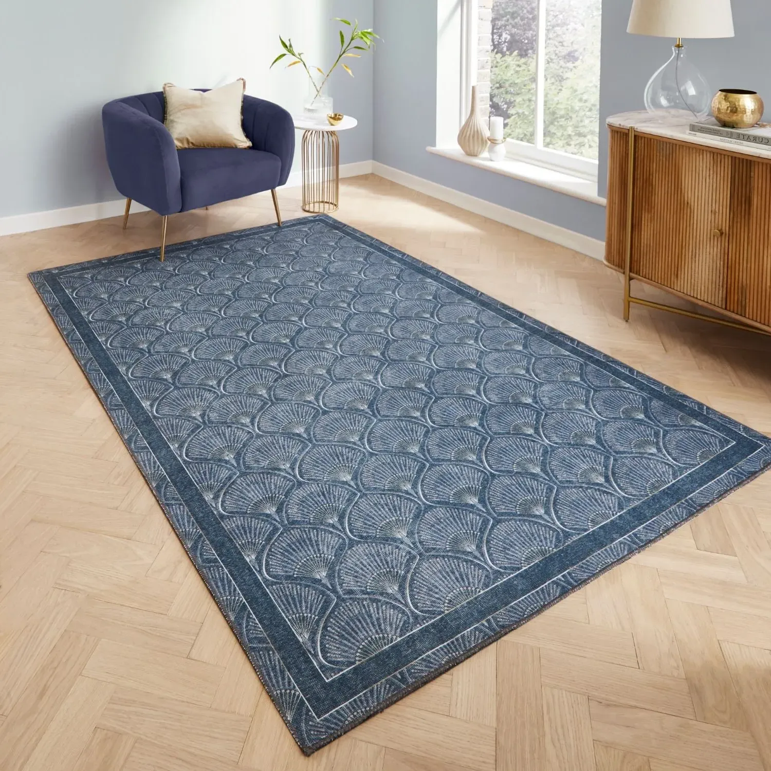Deco Peacock Washable Rug - Blue, Polyester