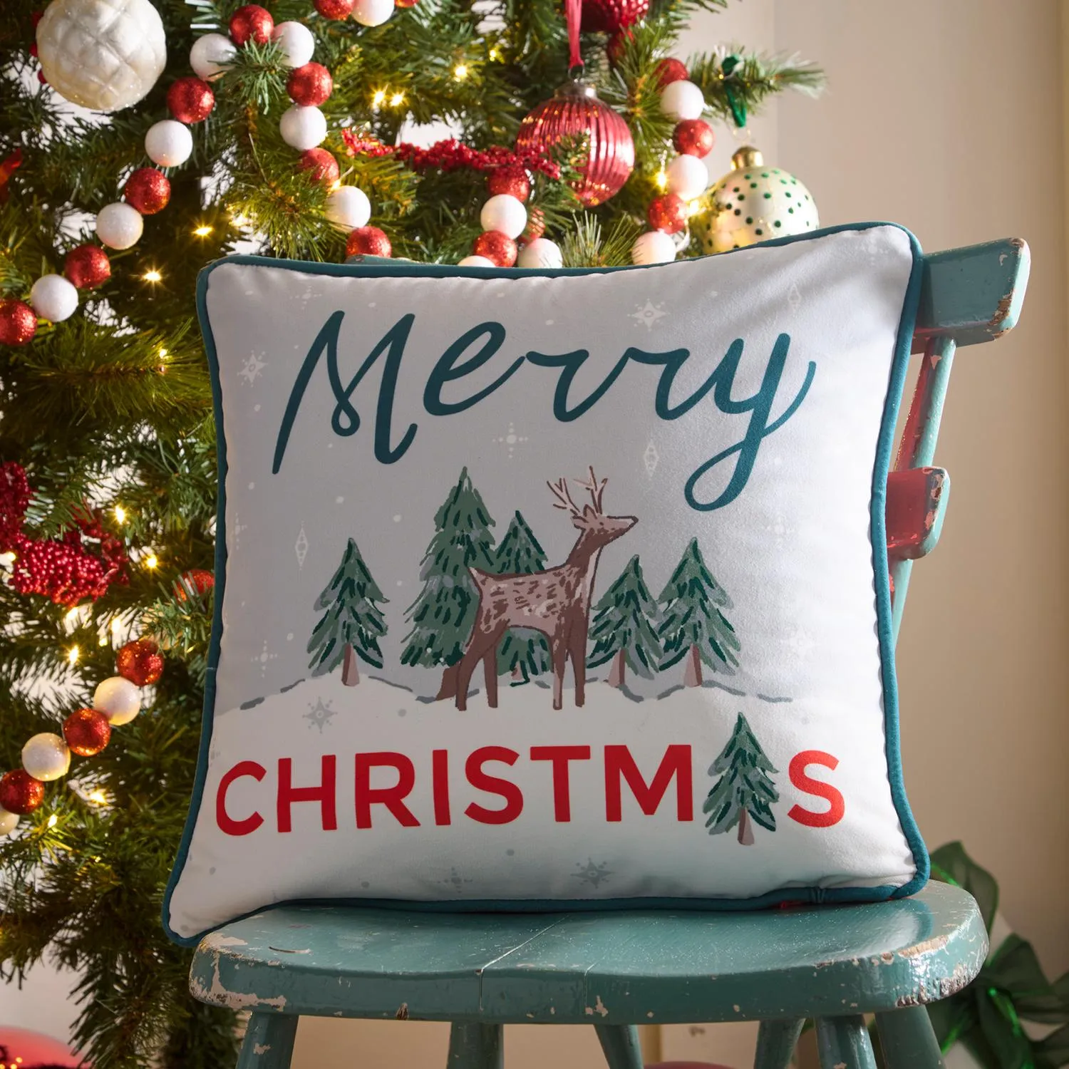 Deer Print Cushion - Green, Velvet
