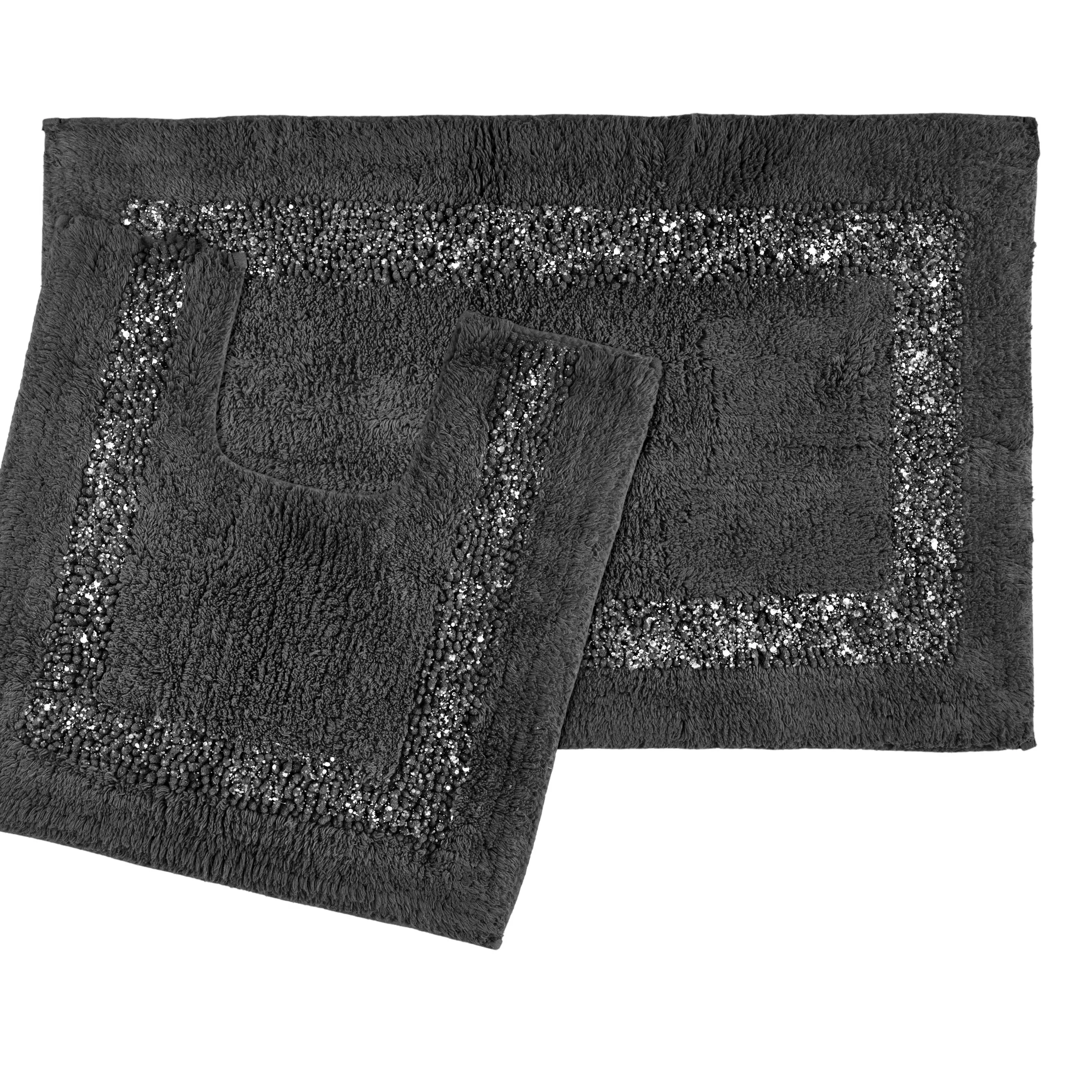 Diamante Border 2-Piece Bath and Pedestal Mat Set - Grey, Cotton product