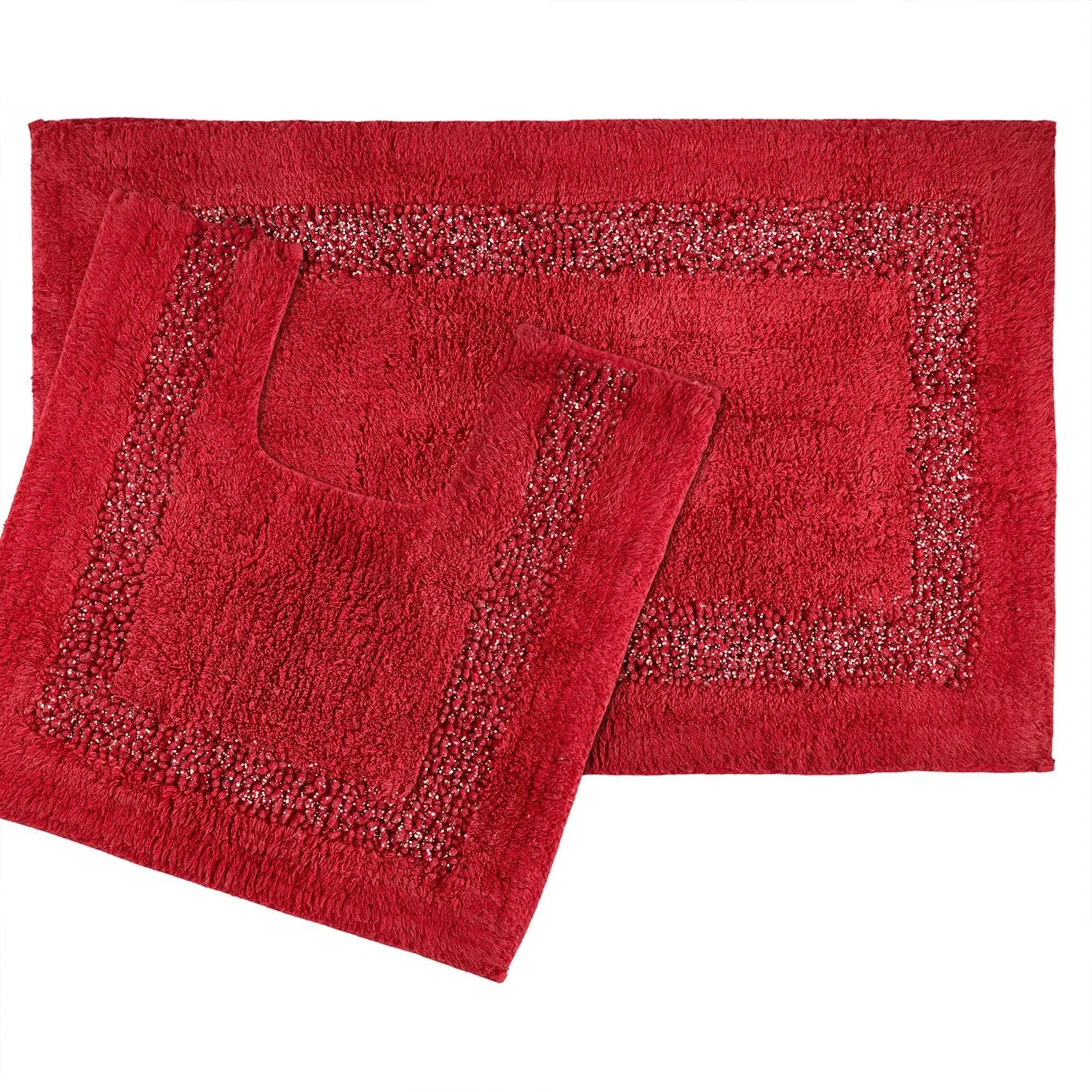 Diamante Border 2-Piece Bath and Pedestal Mat Set - Red, Cotton product