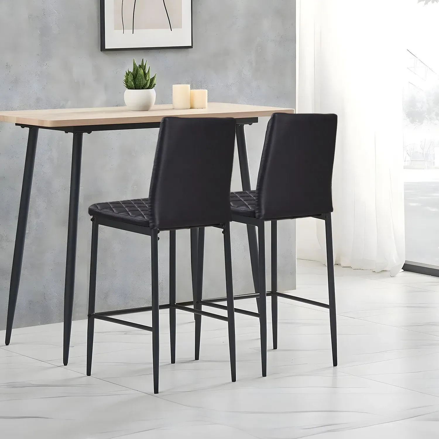 Diamond-Quilted Bar Stools Pair - Black, PU Leather by Julian Charles, image 2