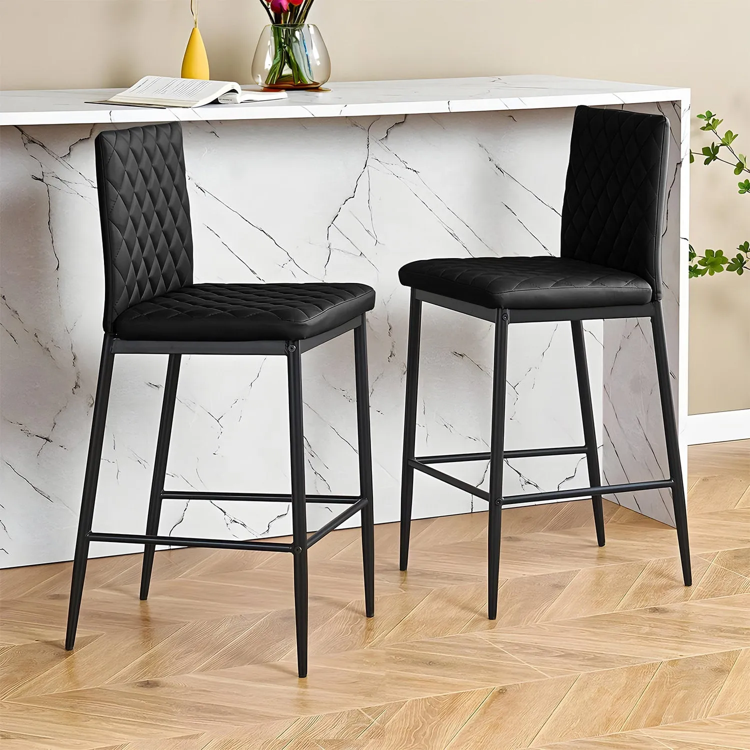 Diamond-Quilted Bar Stools Pair - Black, PU Leather by Julian Charles