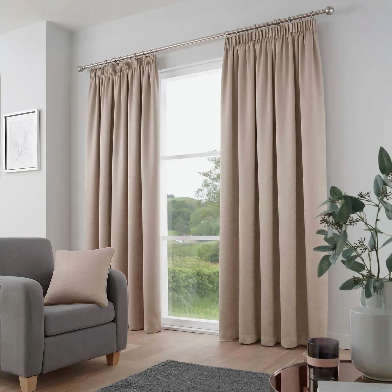 Dim Out Pencil Pleat Curtains - Natural