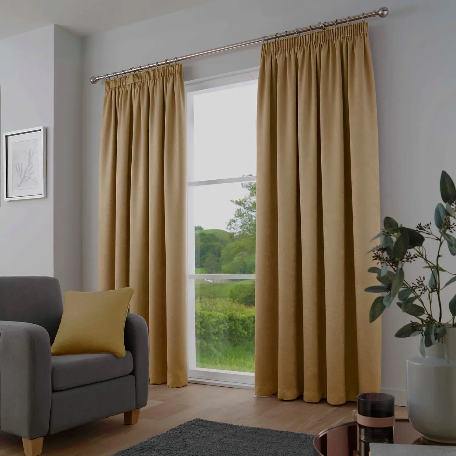 Dim Out Pencil Pleat Curtains - Ochre Yellow