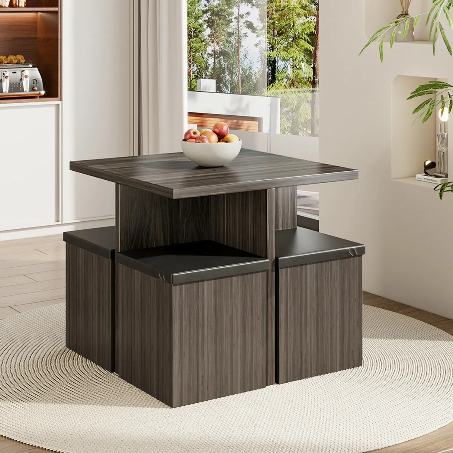 Dining Table and 4 Storage Stools Set - Grey, Wood by Julian Charles, alternate view