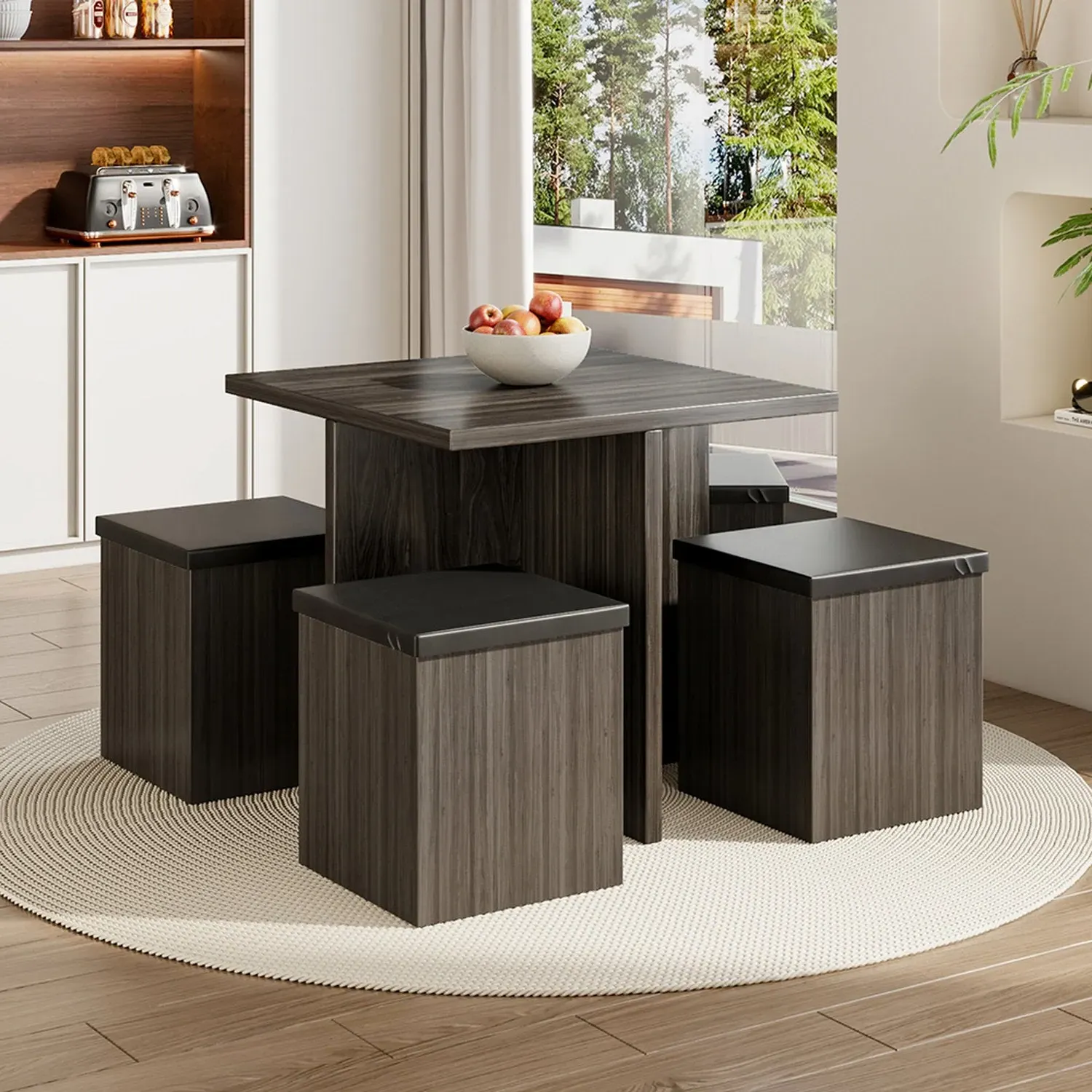 Dining Table and 4 Storage Stools Set - Grey, Wood by Julian Charles