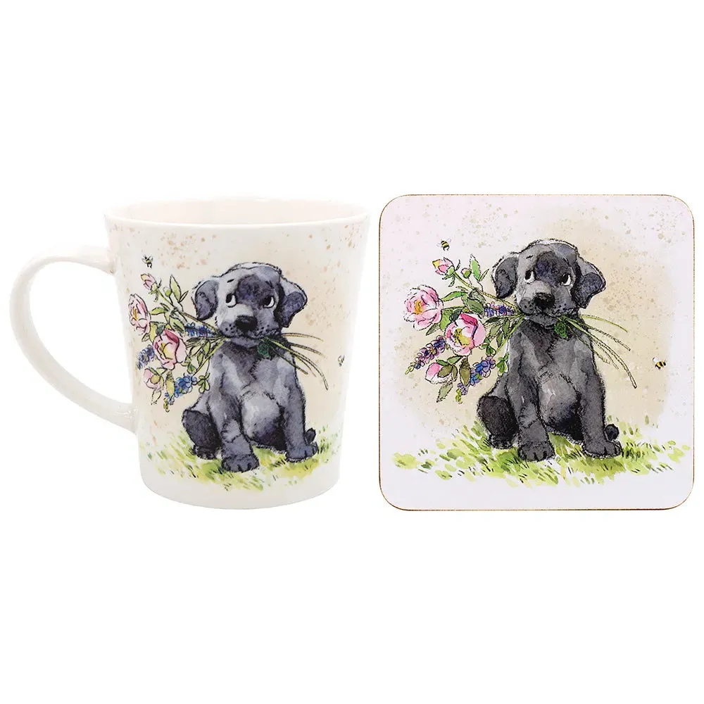 Dog with Flowers Mug and Coaster Set - Multi by Julian Charles
