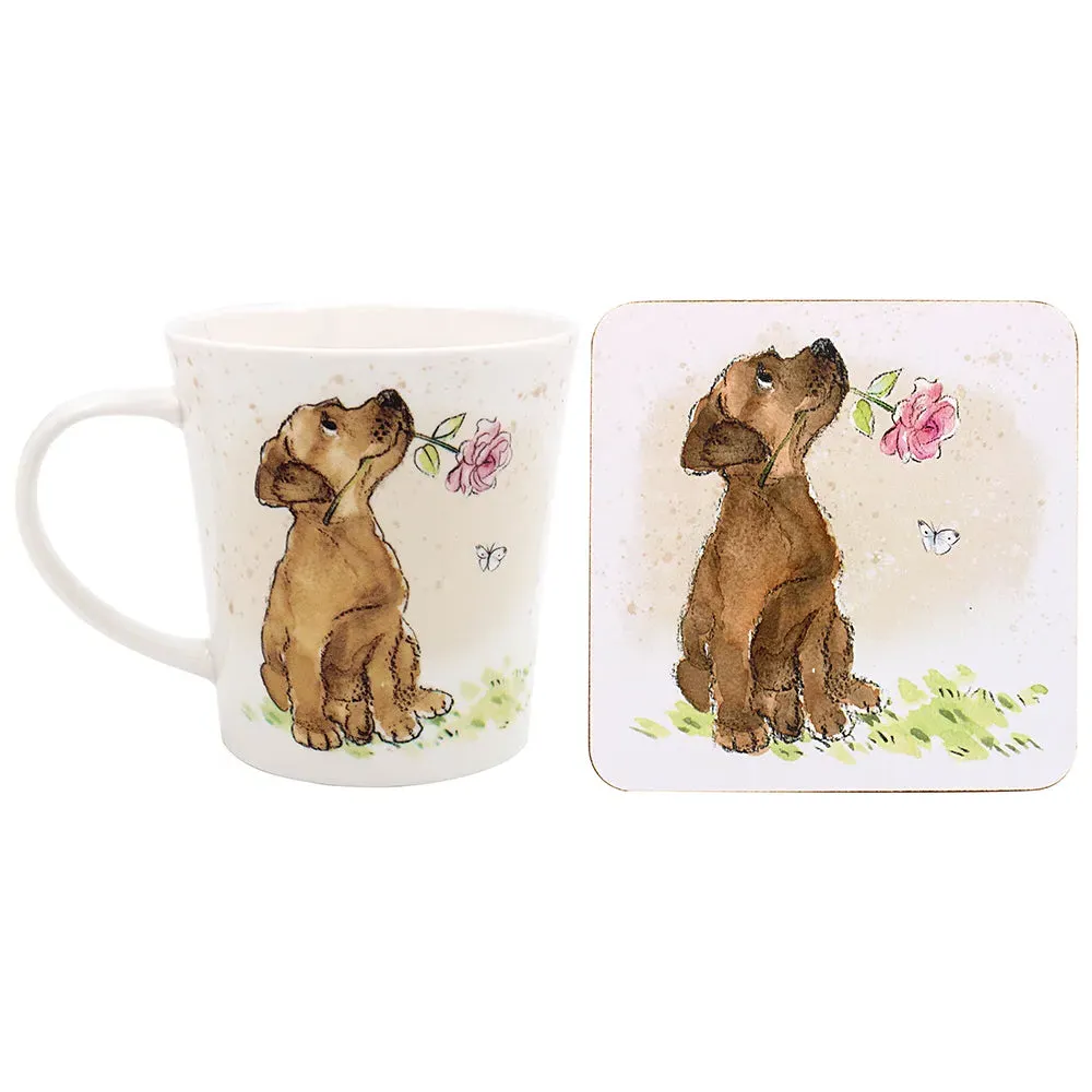 Dog with Rose Mug and Coaster Set - Multi by Julian Charles