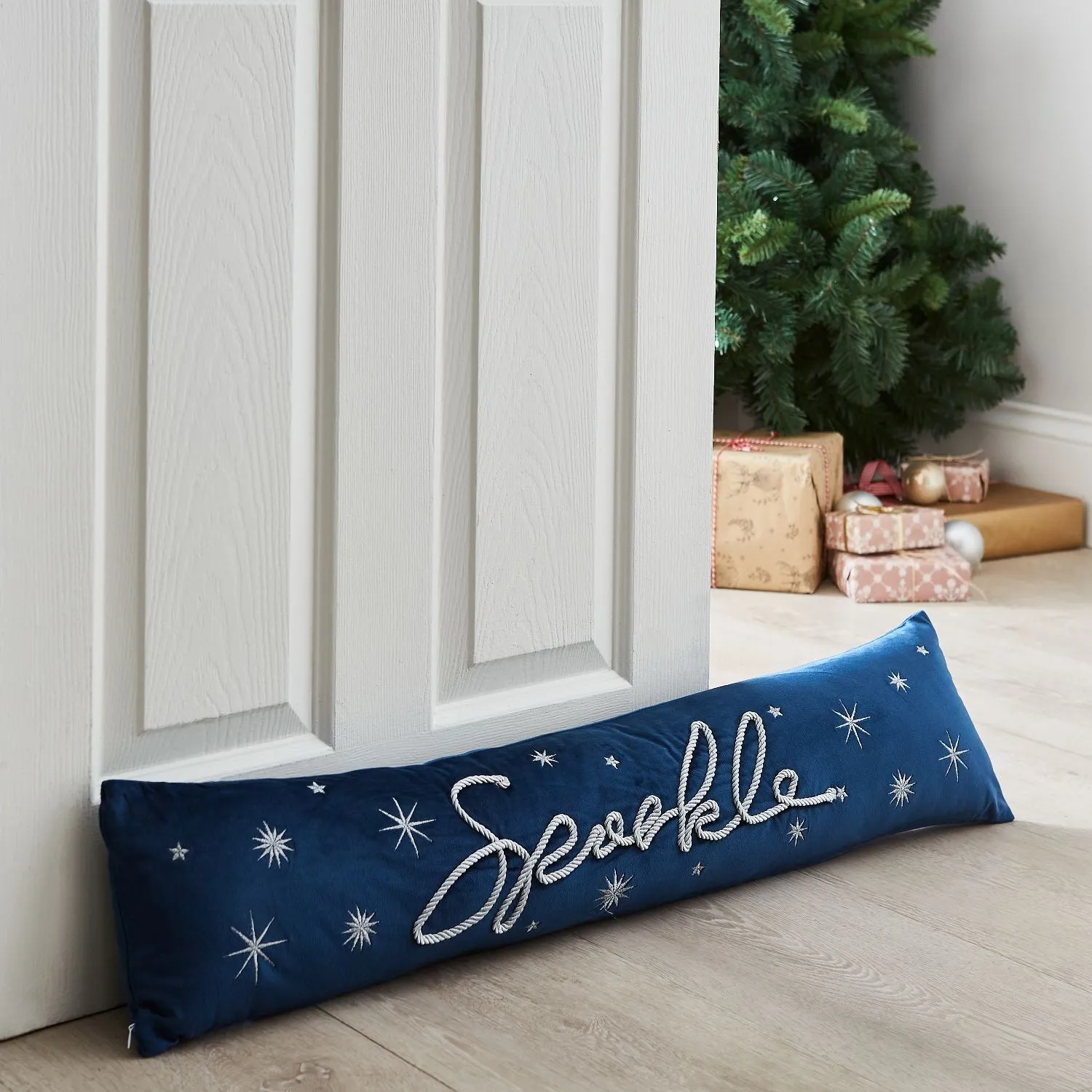 Door Draught Excluder with Sparkle - Navy, Velvet