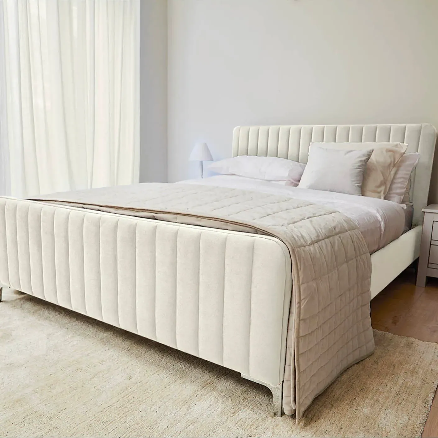 Double Bed with High Footboard - Ecru, Velvet image