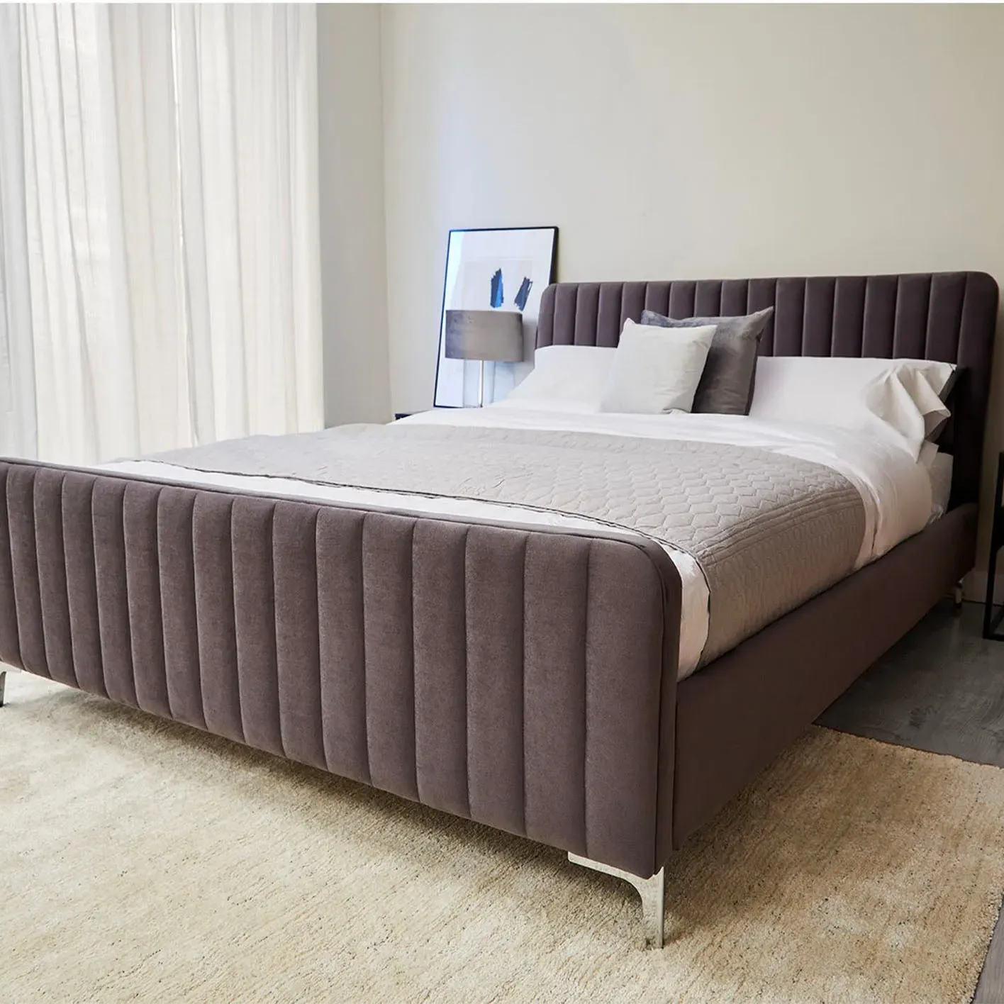 Double Bed with High Footboard - Grey, Velvet