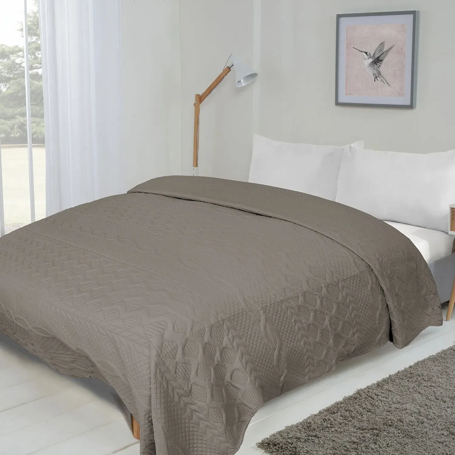 Double Bedspread with Aran Embroidery - Stone