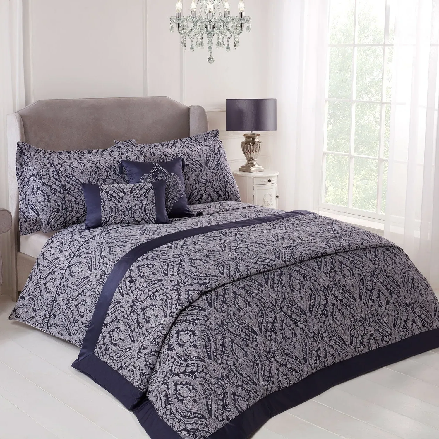 Double Duvet Cover with Rope Detail - Navy, Cotton