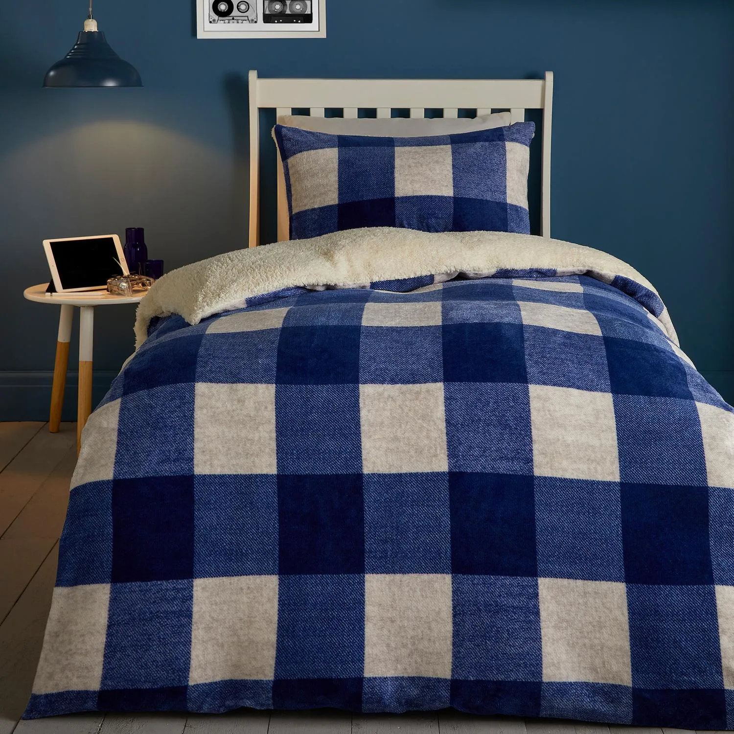 Double Duvet Set Check Pattern - Blue, Fleece