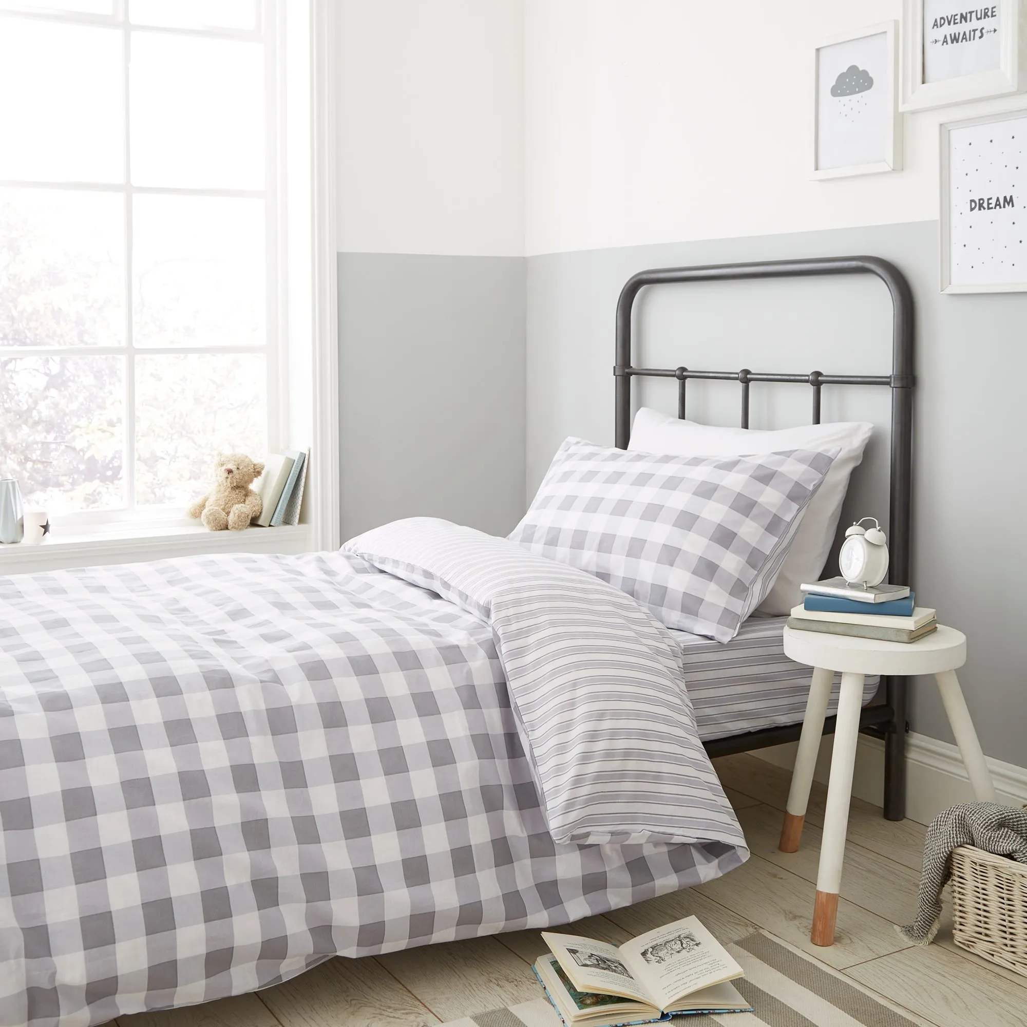 Double Duvet Set Check & Stripe - Grey, Cotton