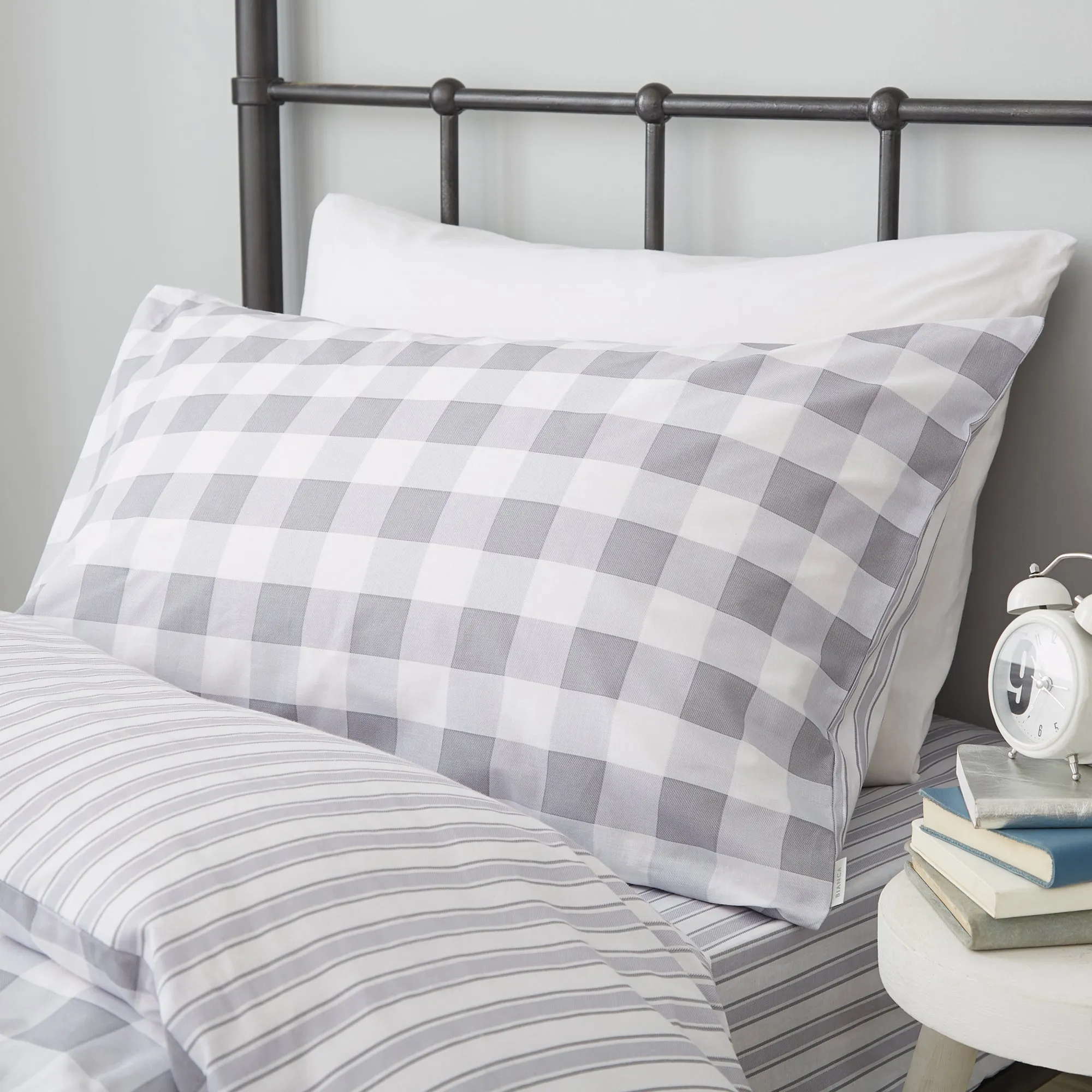 Double Duvet Set Check & Stripe - Grey, Cotton