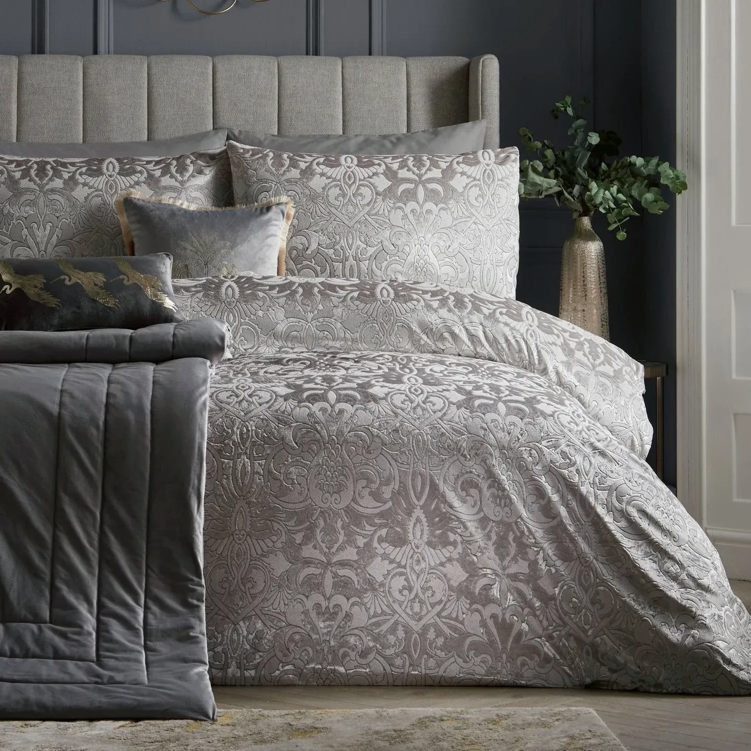 Double Duvet Set Damask Pattern - Grey, Velvet