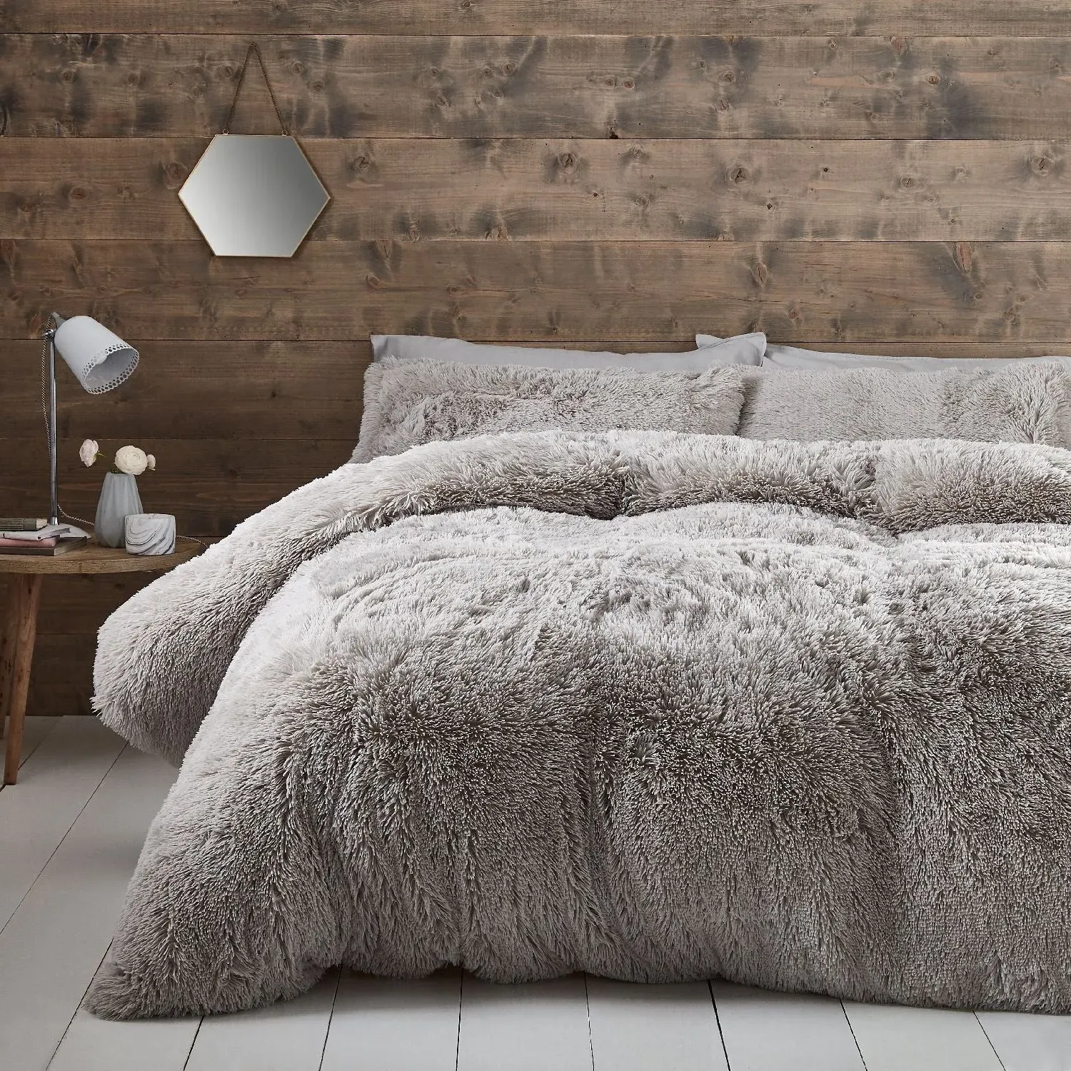 Double Duvet Set Deep Pile - Grey, Faux Fur