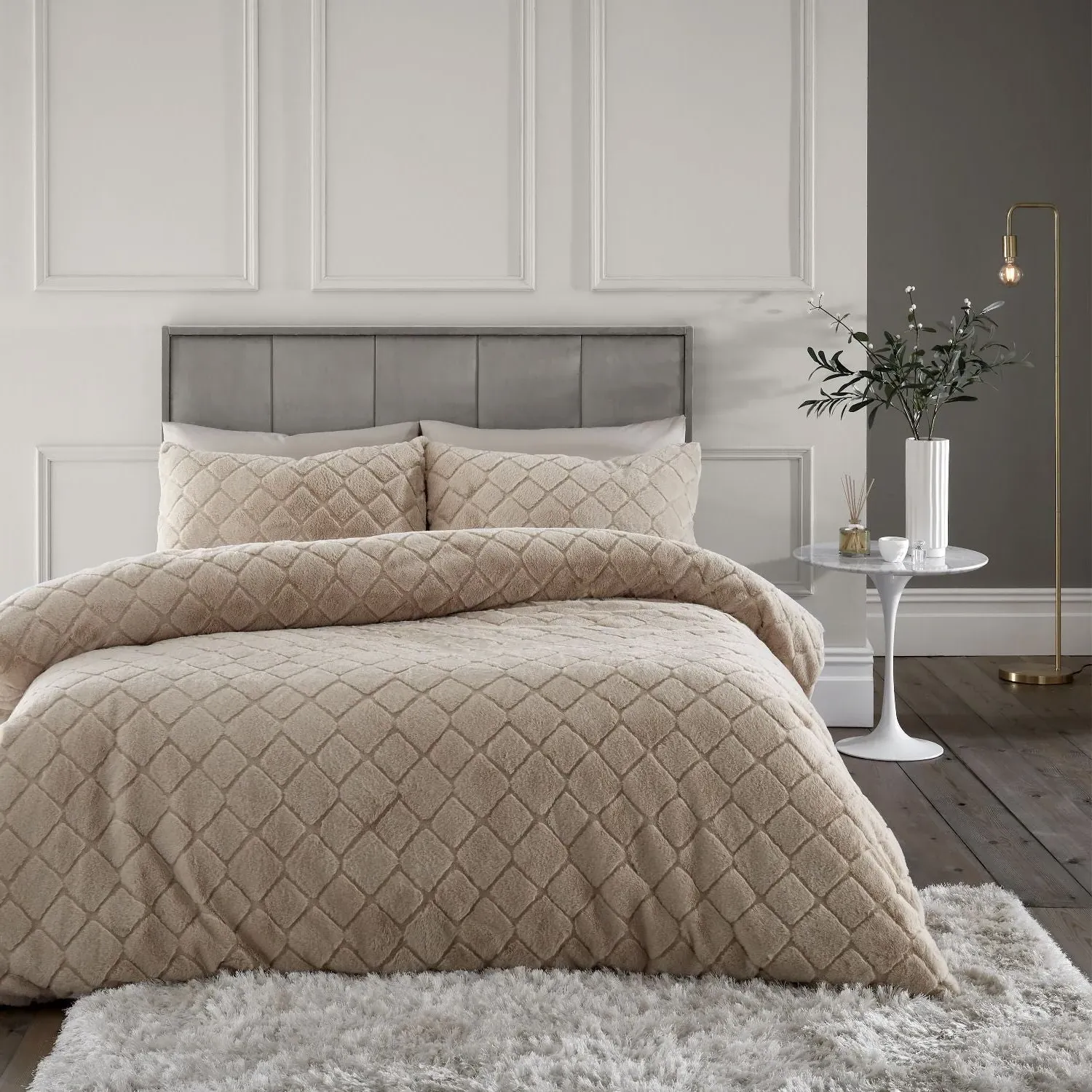 Double Duvet Set Diamond Pattern - Natural, Faux Fur