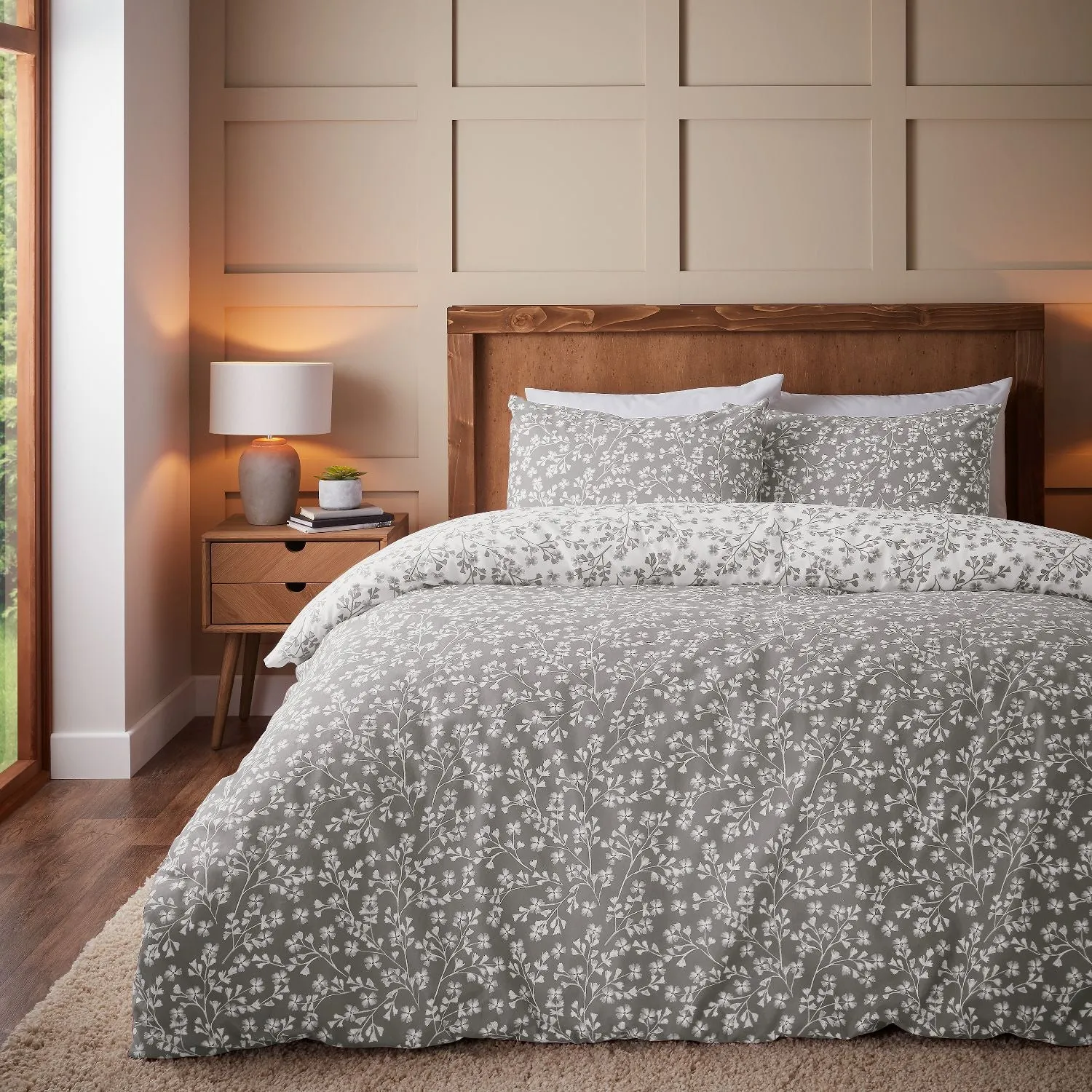 Double Duvet Set Floral - Grey, Brushed Cotton