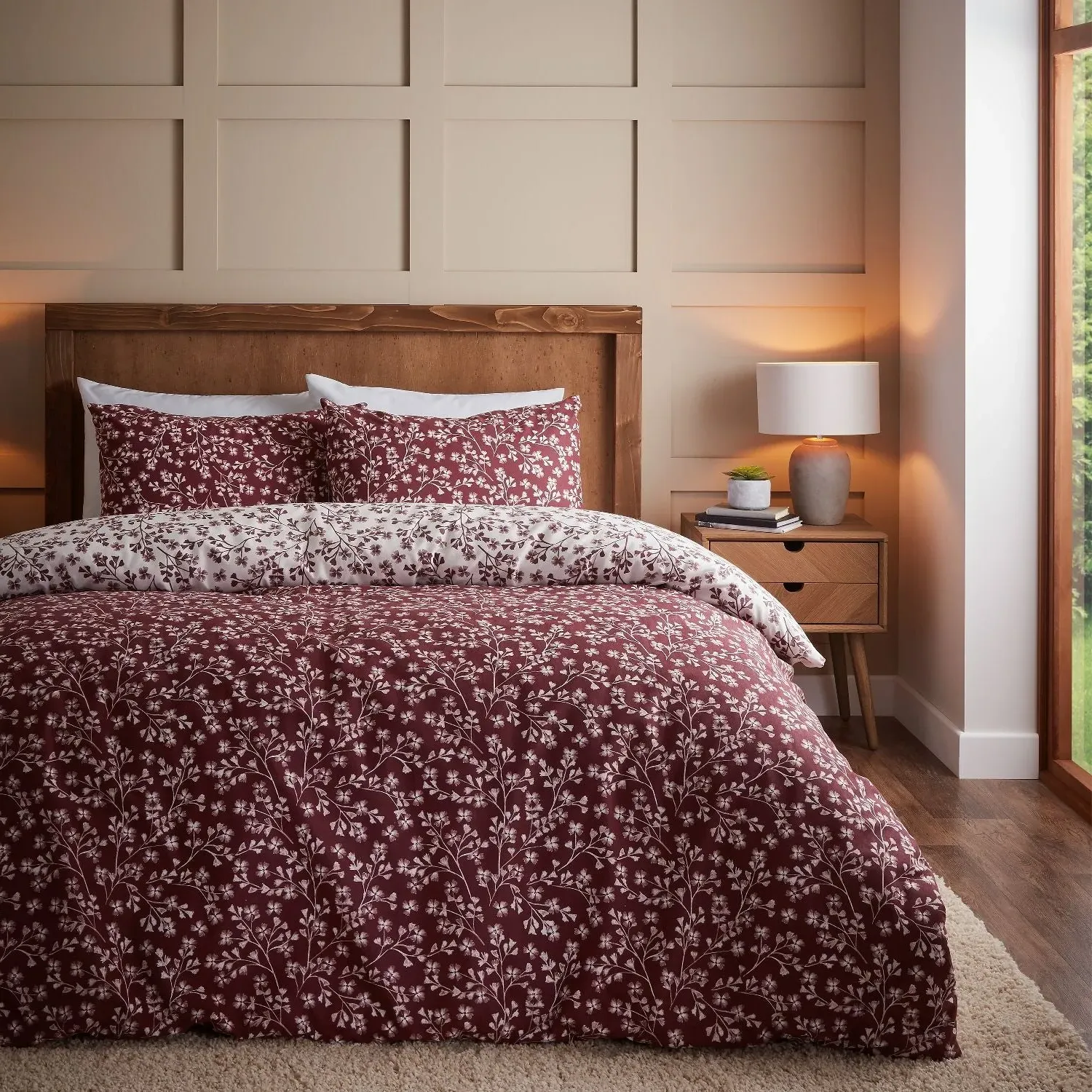 Double Duvet Set Floral - Red, Brushed Cotton