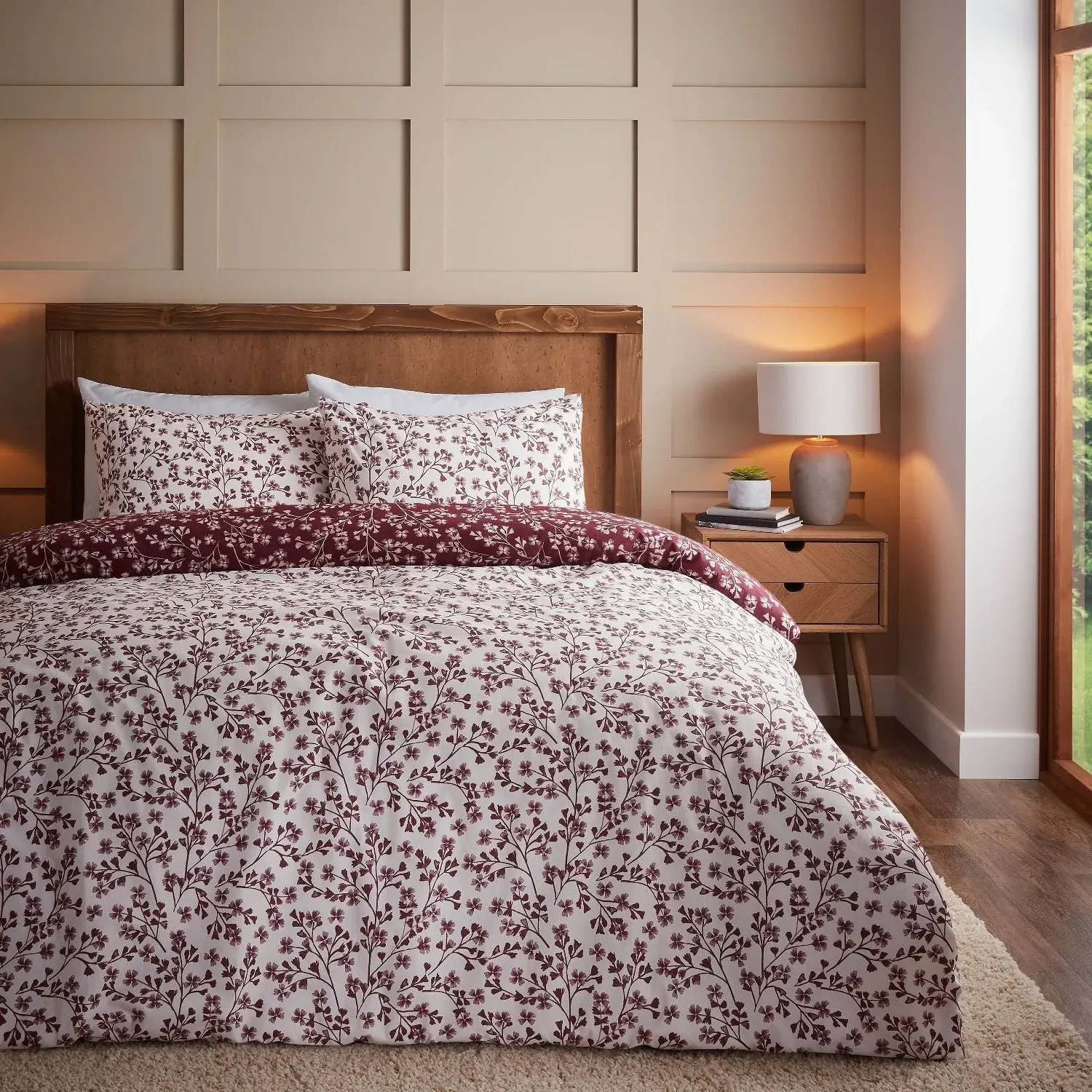 Double Duvet Set Floral - Red, Brushed Cotton