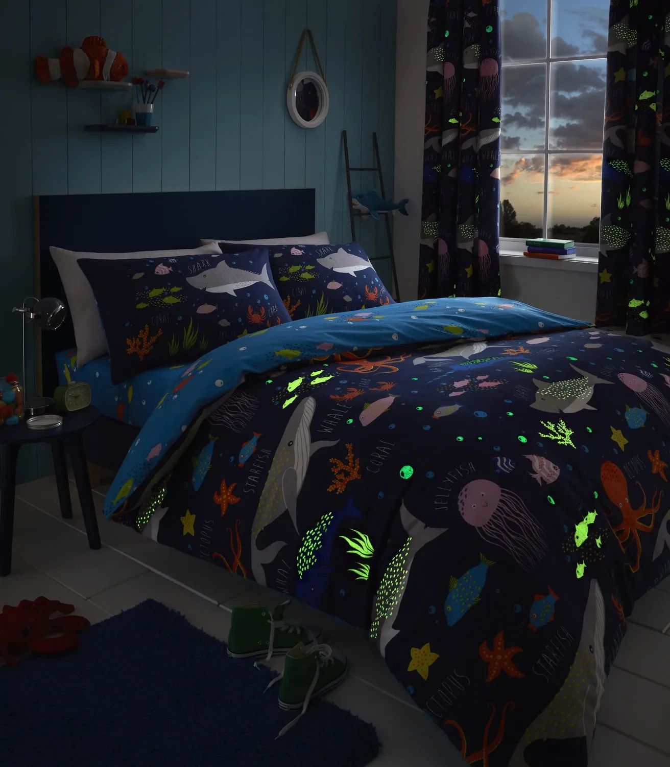 Double Duvet Set Glow-in-Dark - Blue, Sea Life