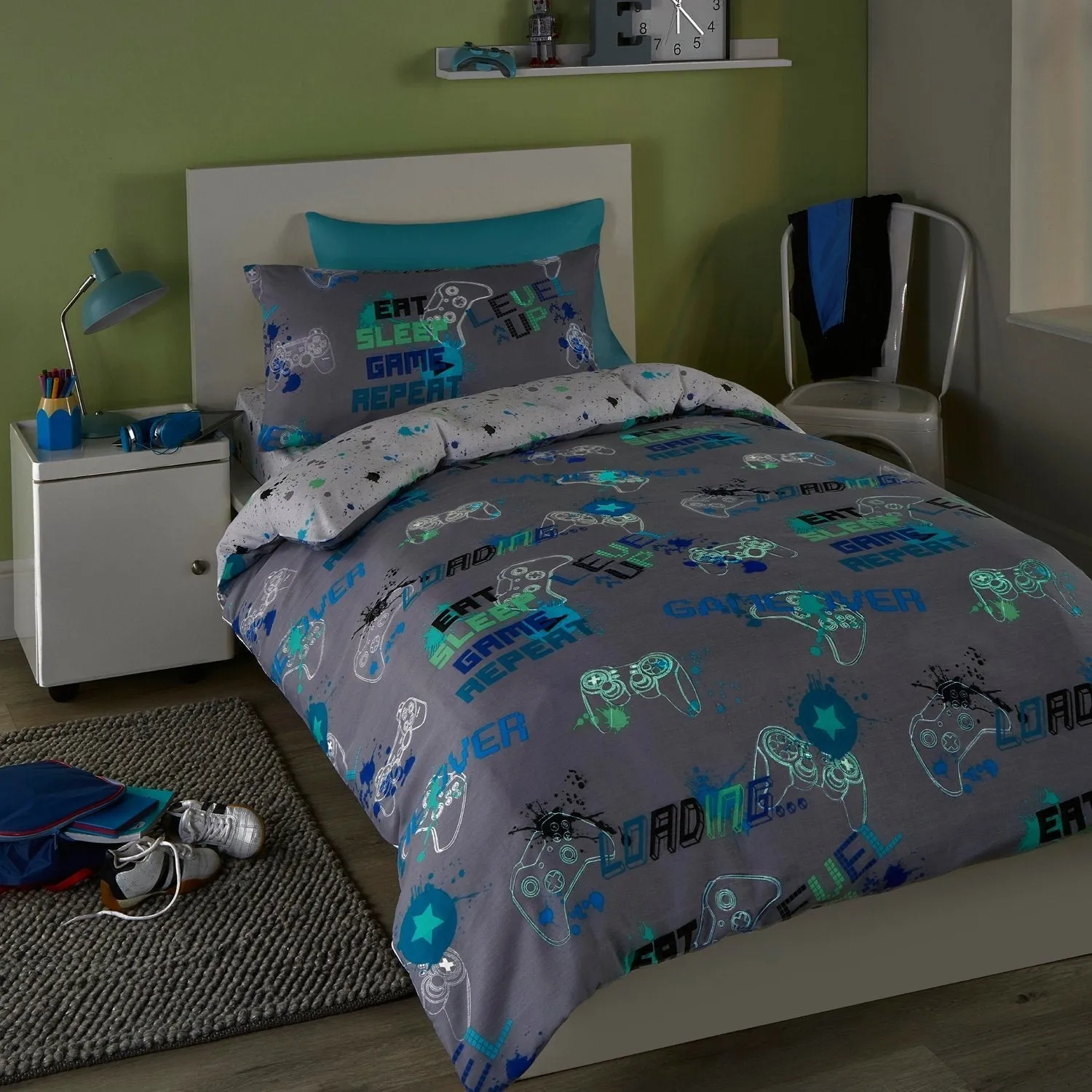 Double Duvet Set Glow-in-Dark - Grey, Polycotton