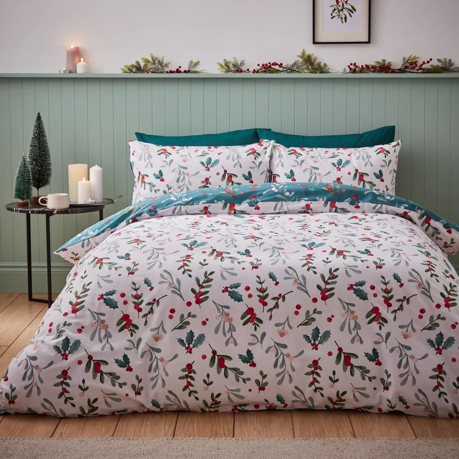Double Duvet Set Holly Mistletoe - White, Cotton