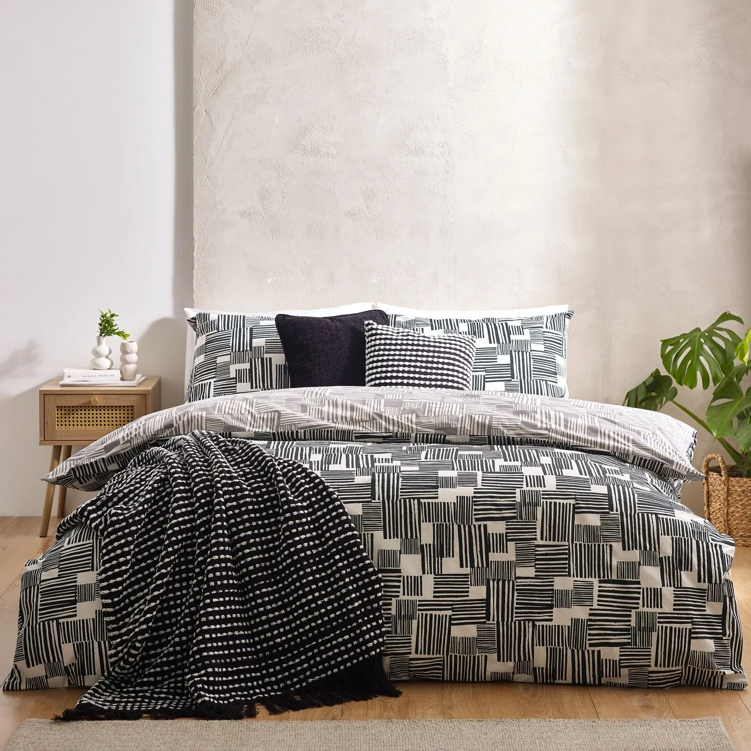Double Duvet Set Reversible - Black, Cotton Blend