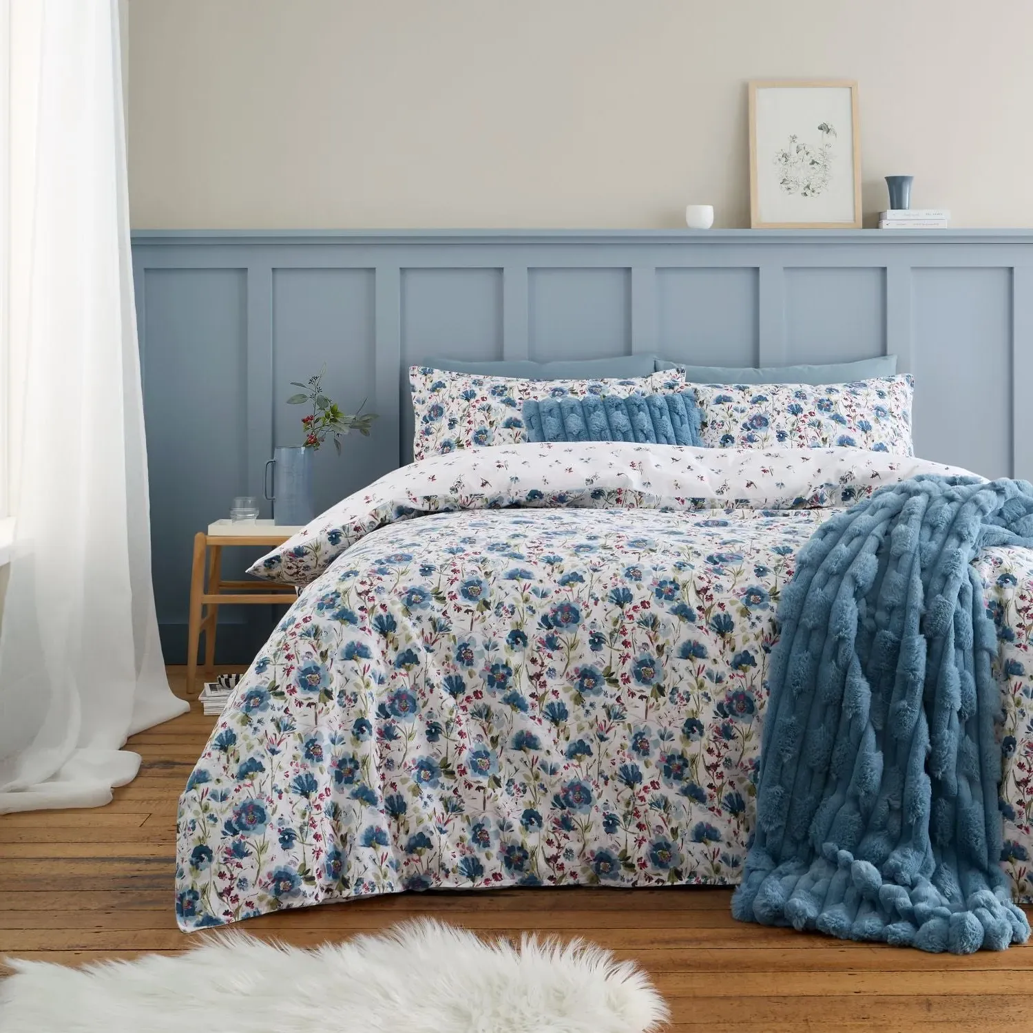 Double Duvet Set Reversible - Blue, Brushed Cotton