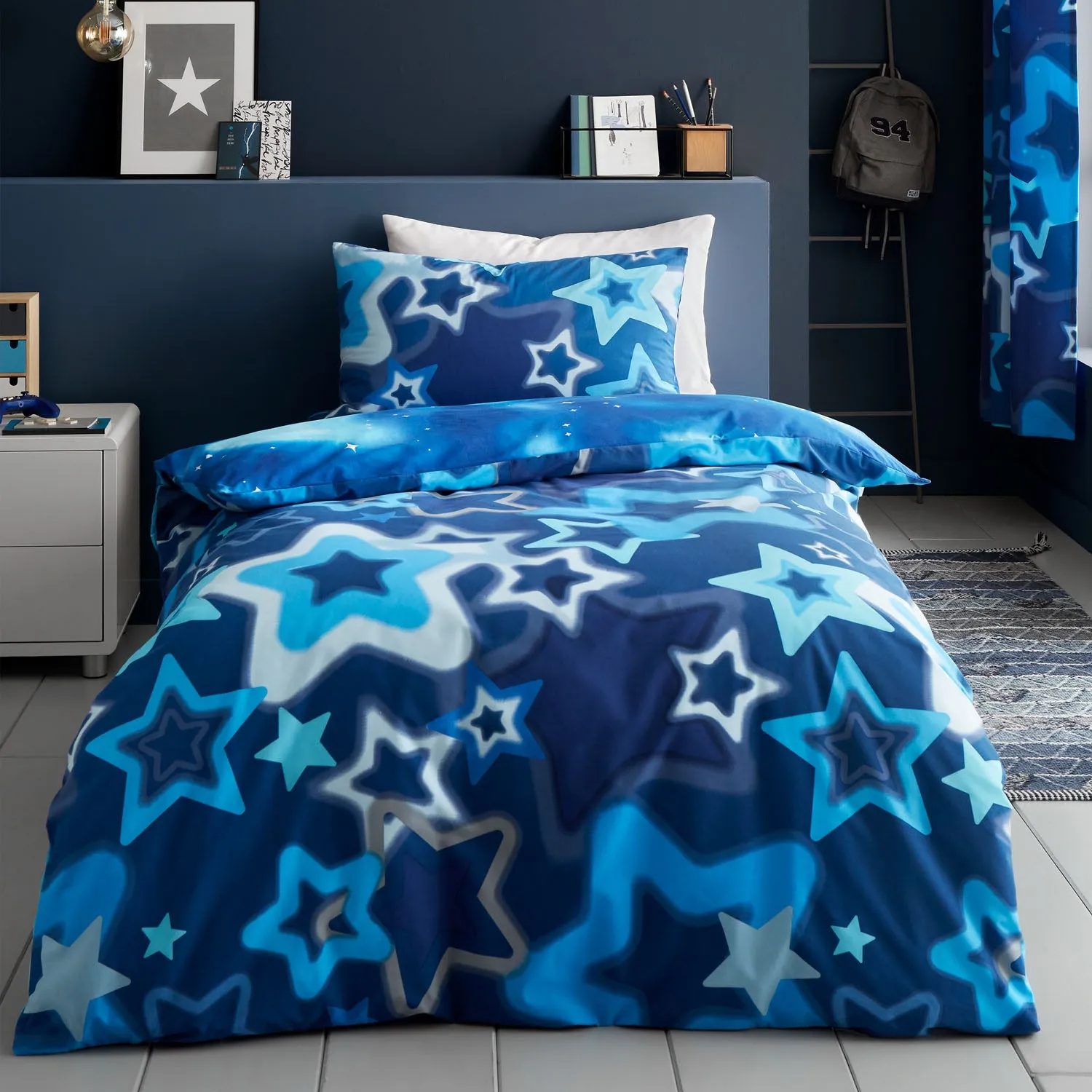 Double Duvet Set Reversible - Blue, Cotton Blend