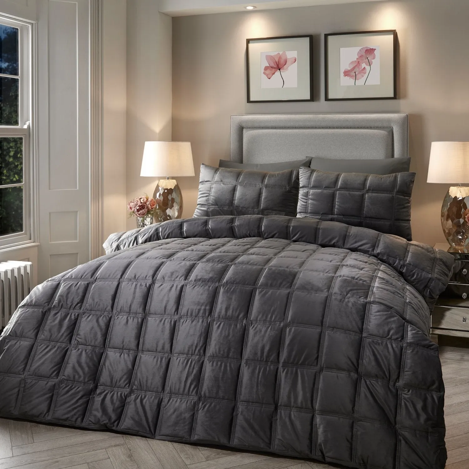 Double Duvet Set Square Pattern - Grey, Velvet
