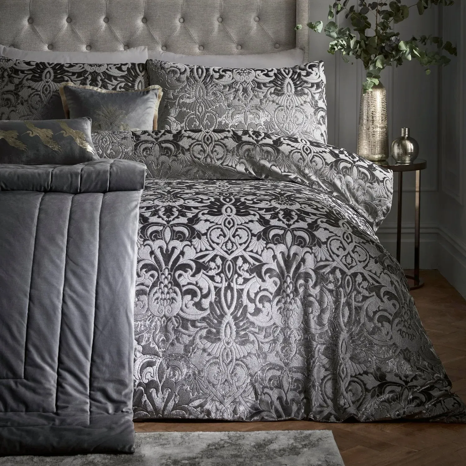 Double Duvet Set with Damask Pattern - Grey, Velvet
