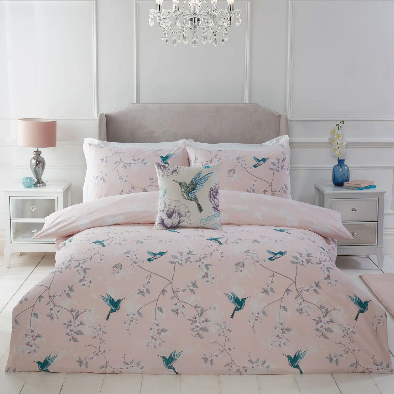 Double Duvet Set with Floral Print - Pink, Cotton